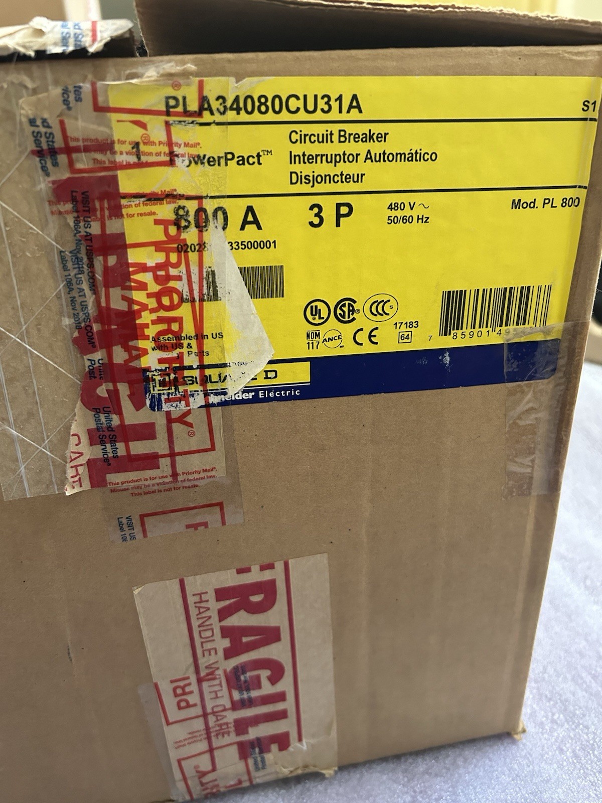 Circuit Breaker , Power Pact P 800A, 3 Pole ,480VAC, 100KA ,I-Line PLA34080CU31A