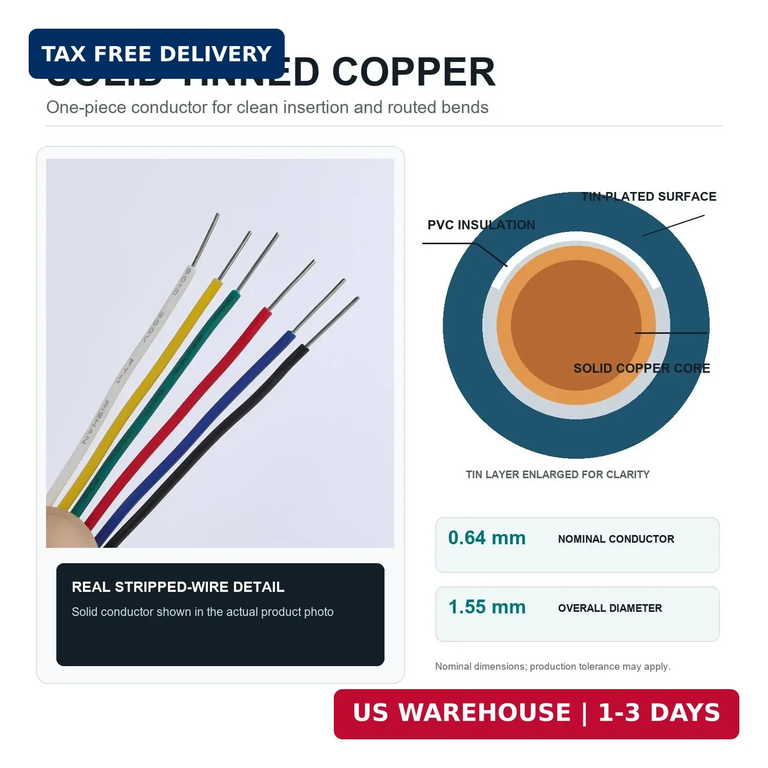 22 AWG Wire Solid Core Hookup Wire, 6 Different Colored Breadboard Wires 30ft Ea