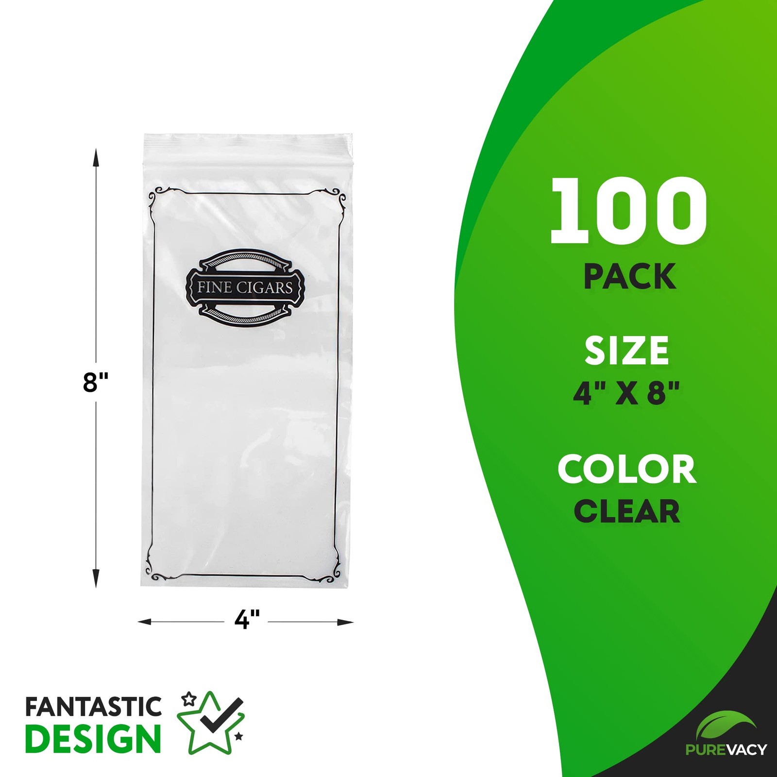 PUREVACY Poly Zipper Cigar Bag, 4 x 8 Inches. Pack of 100 Clear Plastic Bags for
