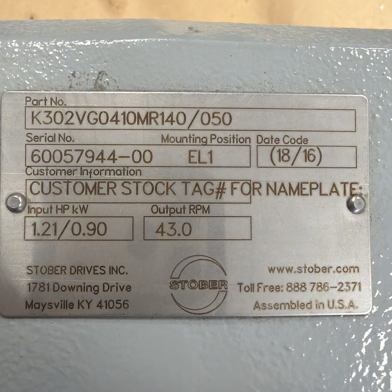 Stober K302VG0410MR140/050 Gear Reducer Ratio: 41:1, Input HP 1.21