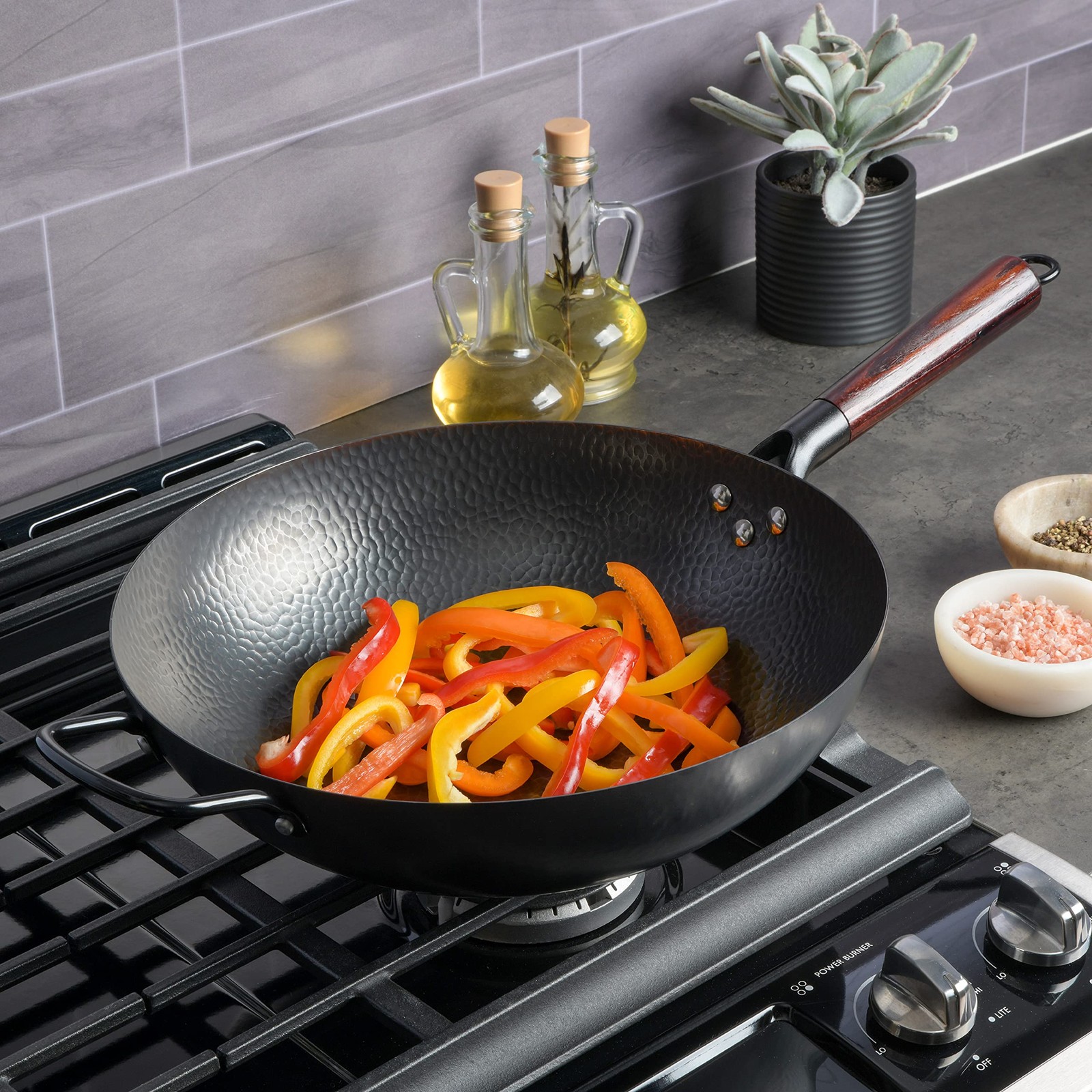 Gibson Home Stargaze Carbon Steel Flat Bottom Wok 13-Inch Hammered