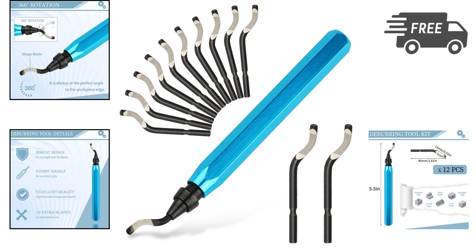 Deburring Tool with 12 HSS Blades for Metal Plastic PVC Pipe 3D Printing Blue