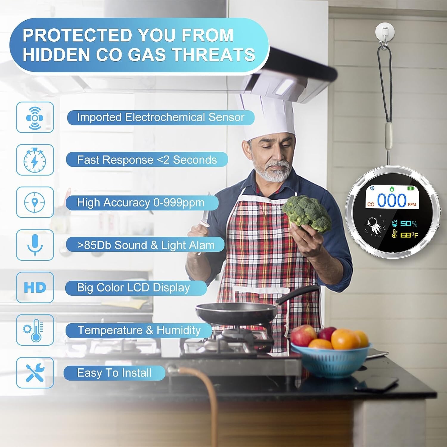 Carbon Monoxide Detector Indoor Air Quality Monitor HD10 Adjustable Brightness