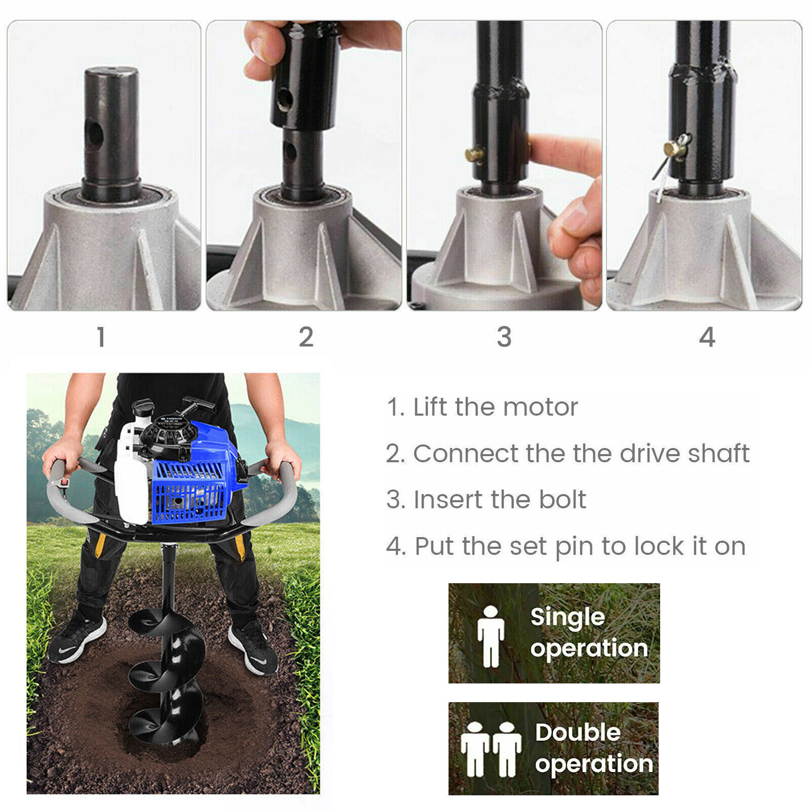 52CC 1700W Gas Powered Earth Auger Post Hole Digger Borer Fence Ground & 2 Bits