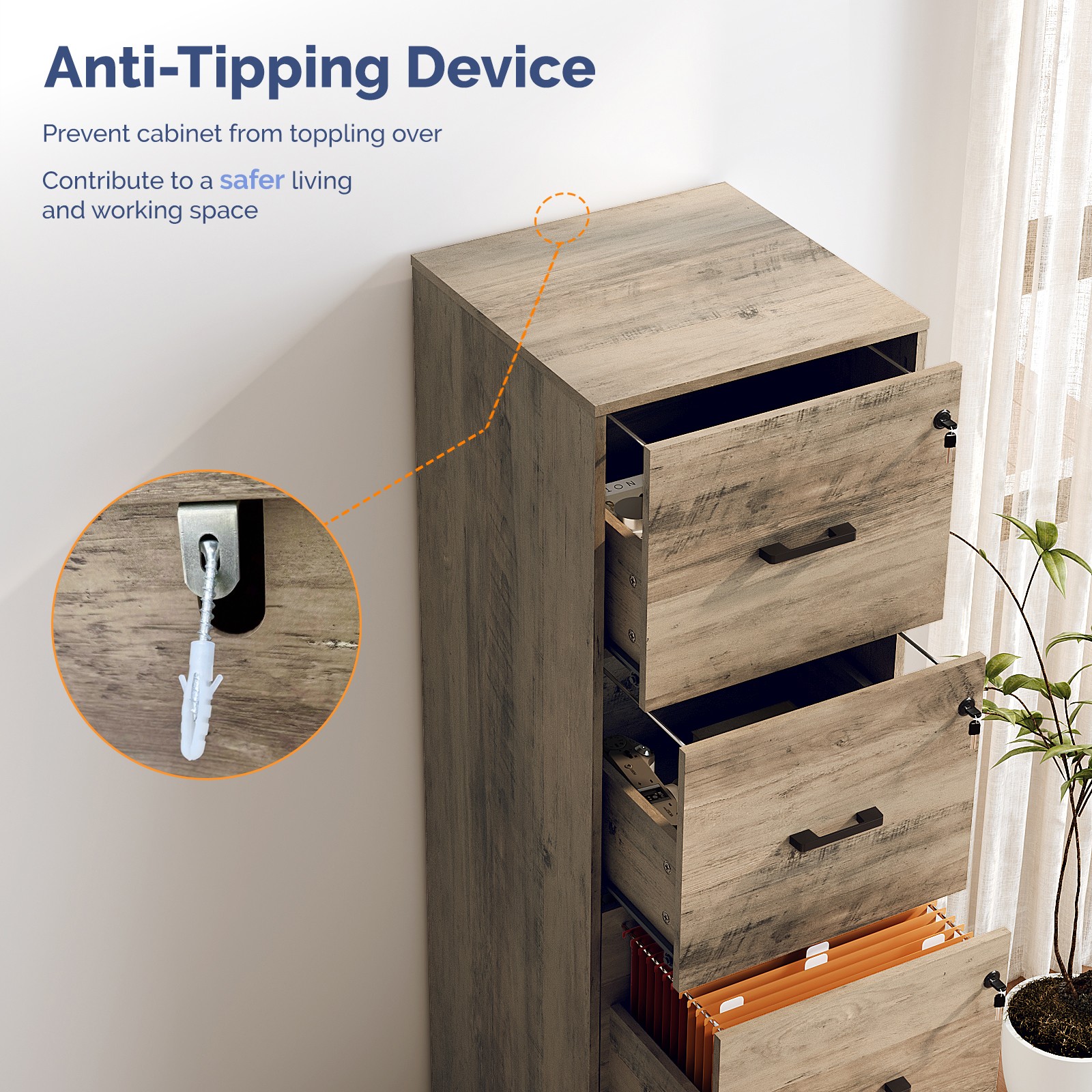 4-Drawer Tall File Cabinet with Independent Locks, Letter-Size Hanging Anti-Tip