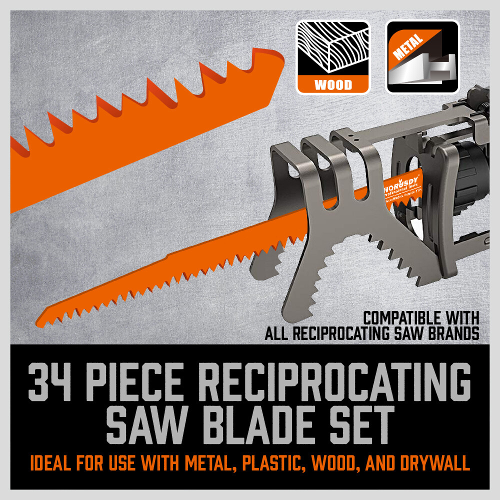 34 PC Reciprocating Saw Blade Set Metal Woodcutting Pruning With Organizer Pouch