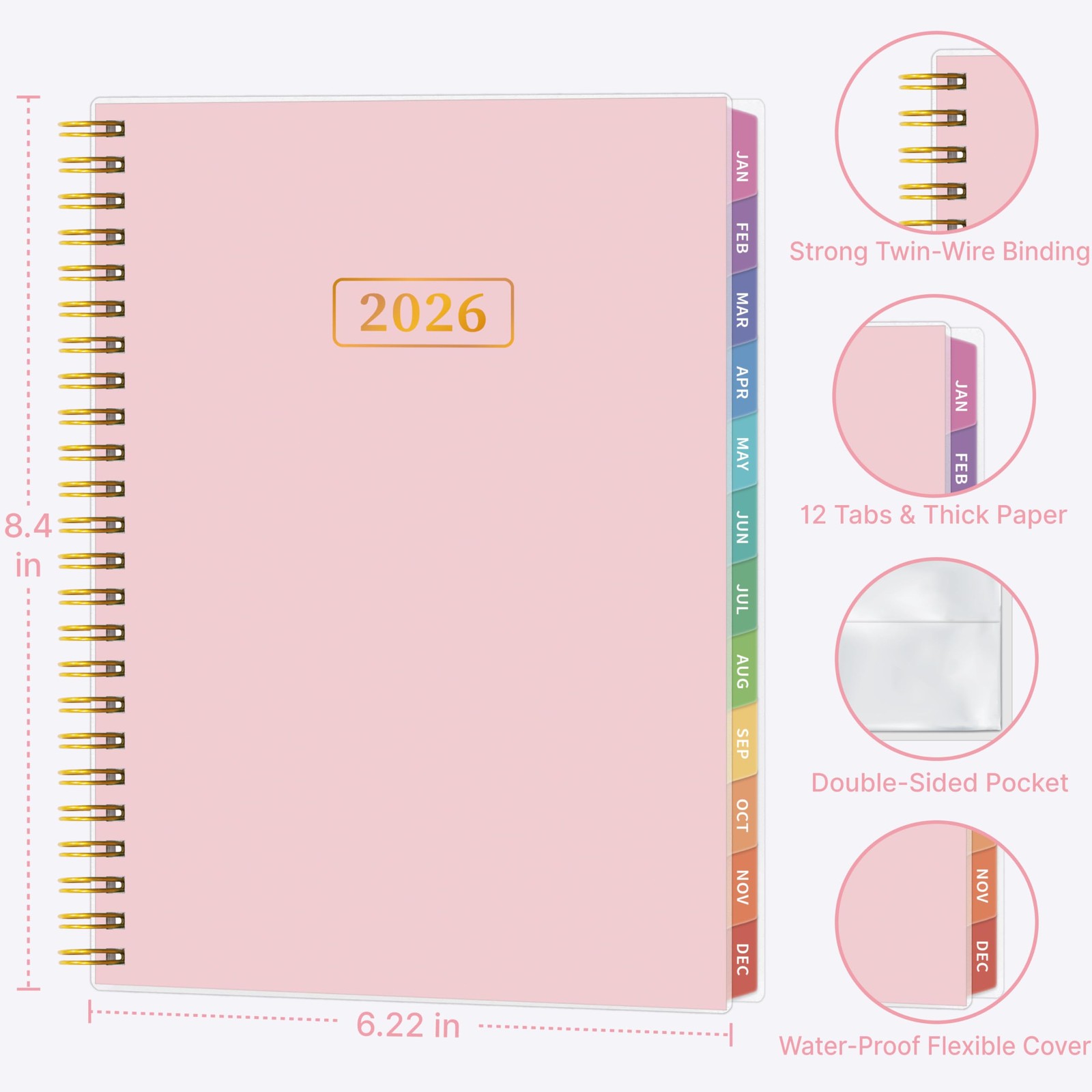 2026 Appointment Book, 30 Minutes-Hourly, Weekly ＆ 6.2» x 8.4», Pink