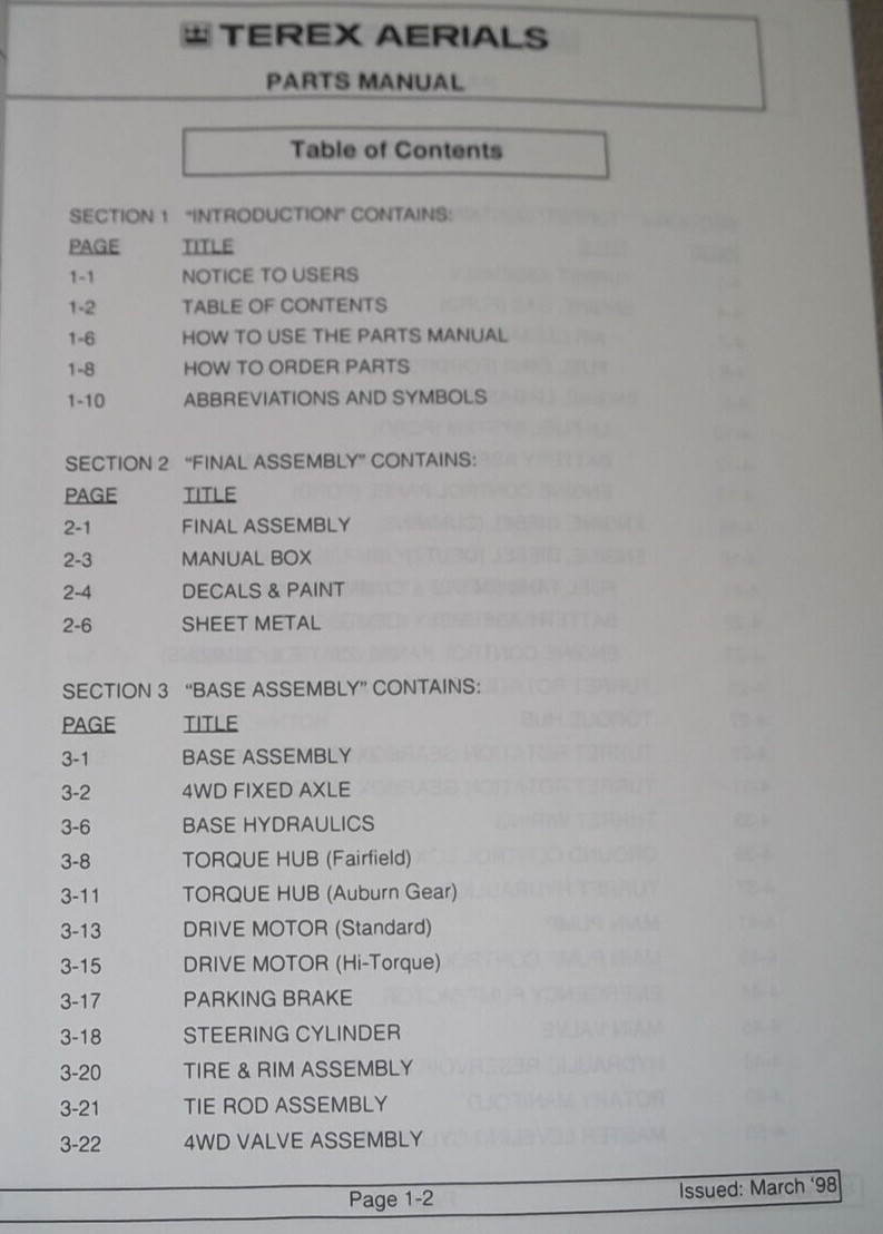 TEREX TB85 BOOM LIFT PARTS MANUAL BOOK CATALOG