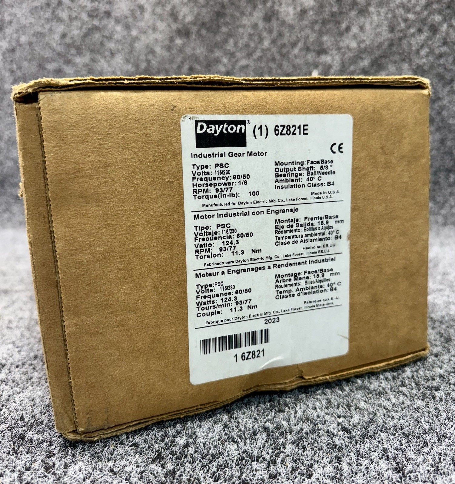 Dayton 6Z821 Parallel Gearmotor 19:1, 115/230V AC, 100 in-lb, 6Z821C