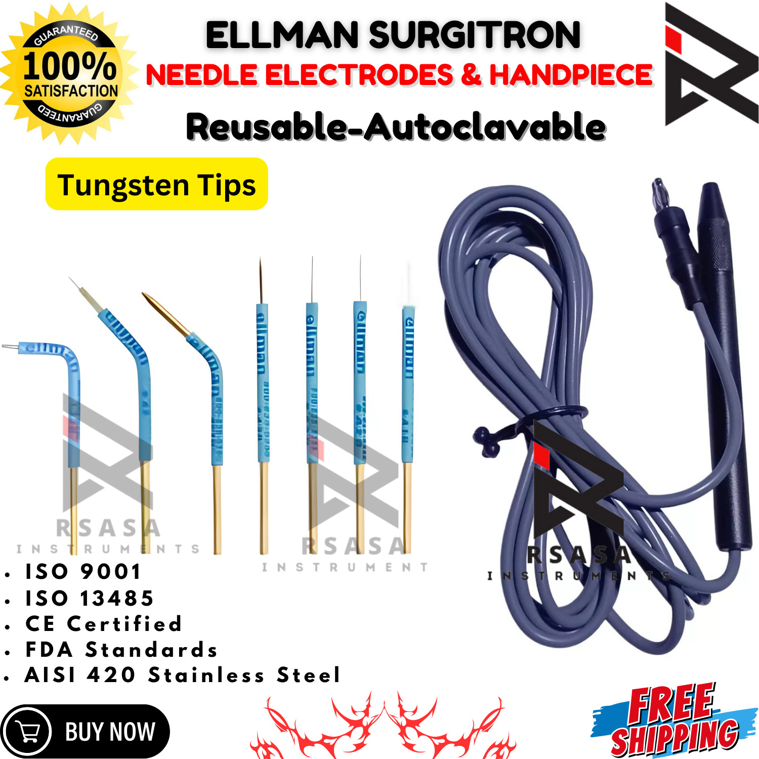 7Pcs Needle Electrode & Ellman FFPF Handpiece Reusable-Autoclavable CE/FDA