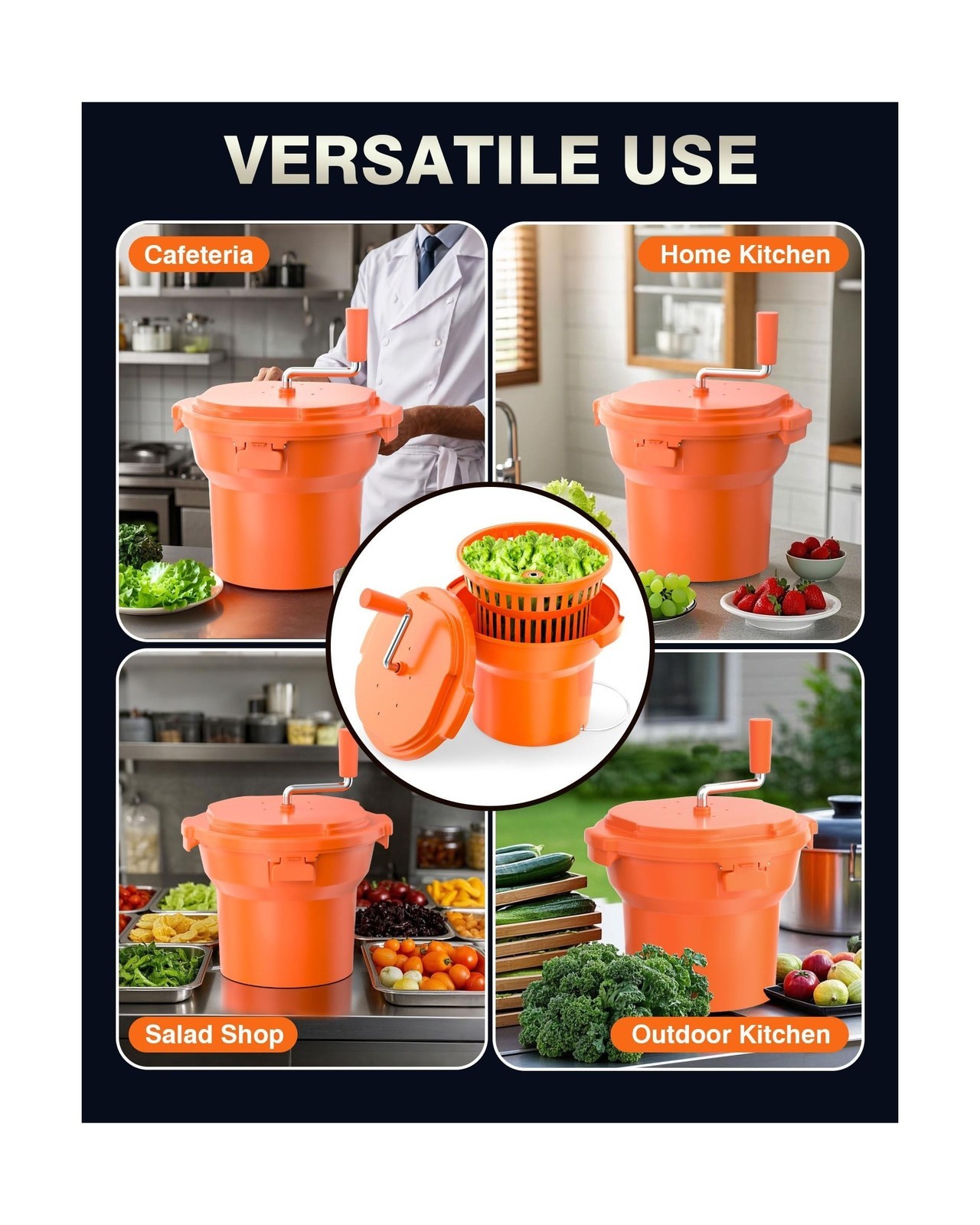 Salad Spinner, 2.5Gal Dryer w/ Alum Handle & Drain, 10Qt, for 3 Heads