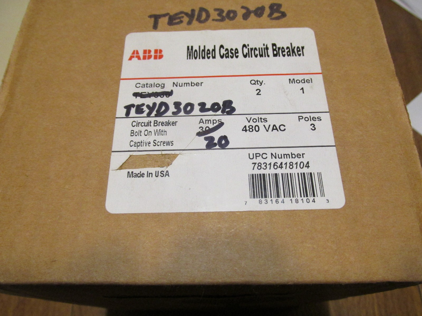 G&E TEYD3020B 3 P0le Circuit Breaker 20 AMP NEW