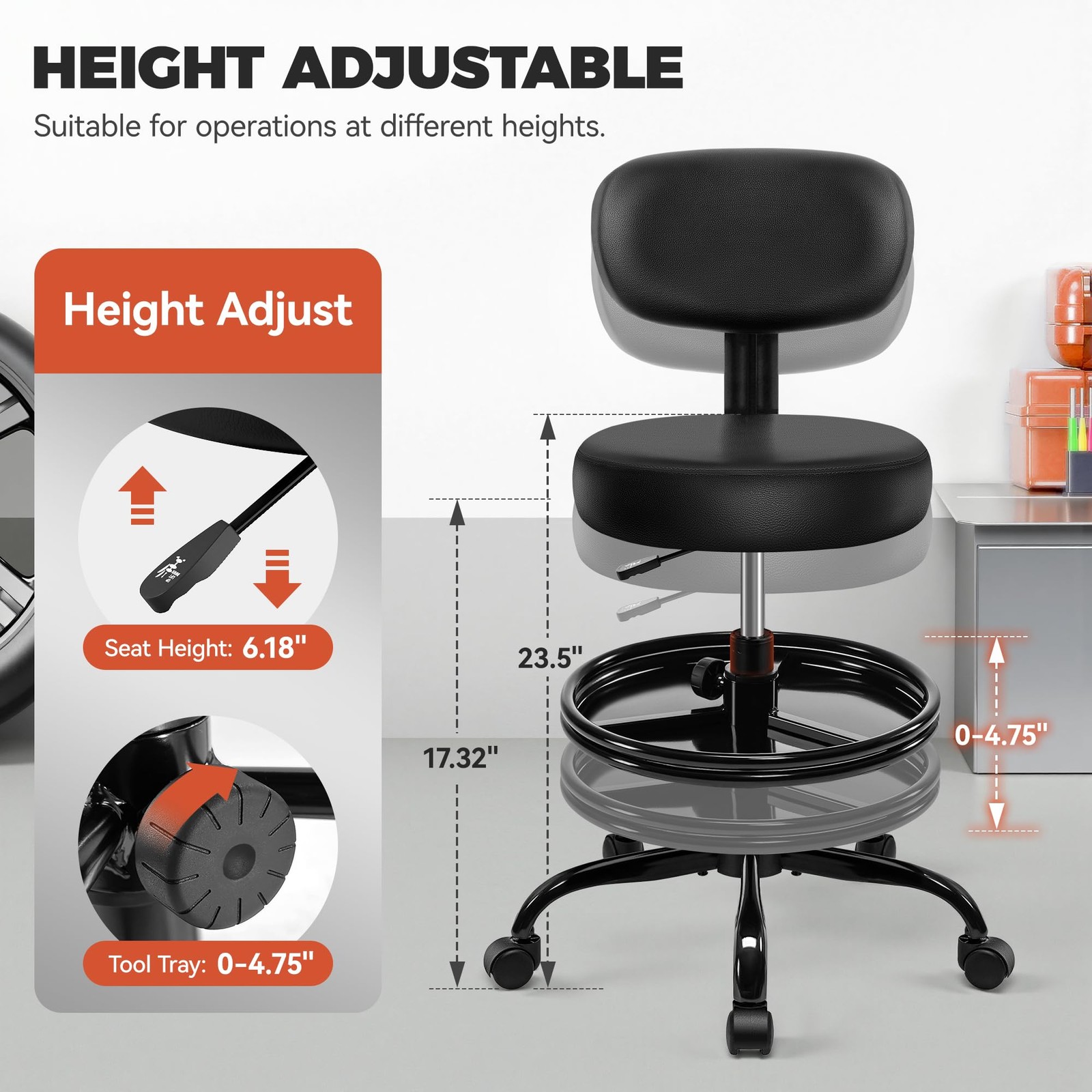 Shop Stool with Wheels for Garage, Mechanics Rolling Chair with Backrest, Adjust