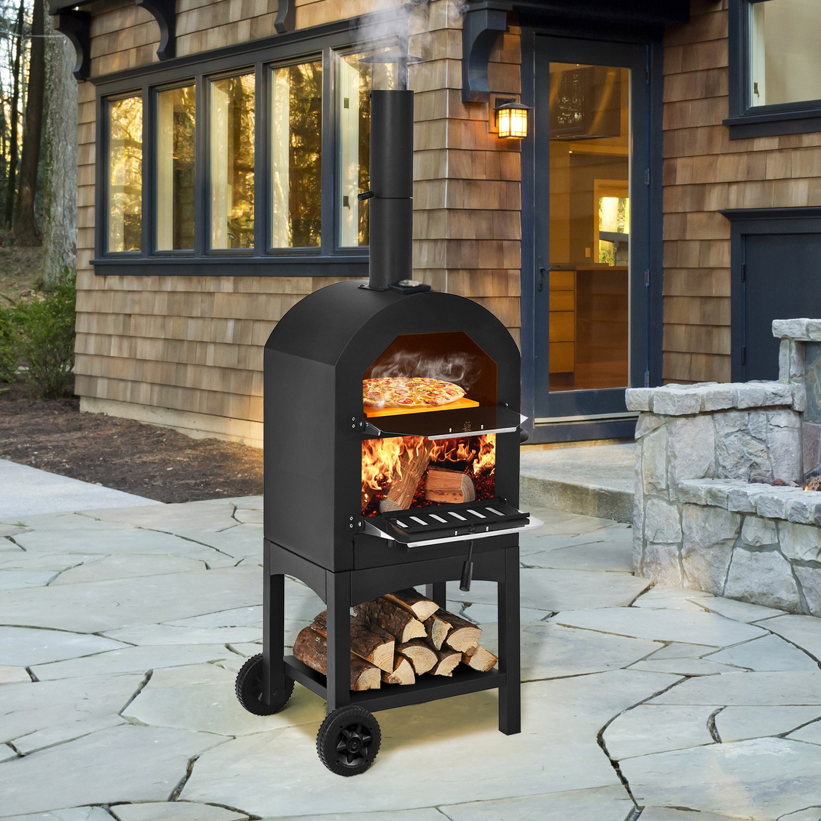 Pizza Oven Wood Fire Pizza Maker Grill w/ Waterproof Cover&Pizza Stone Outdoor