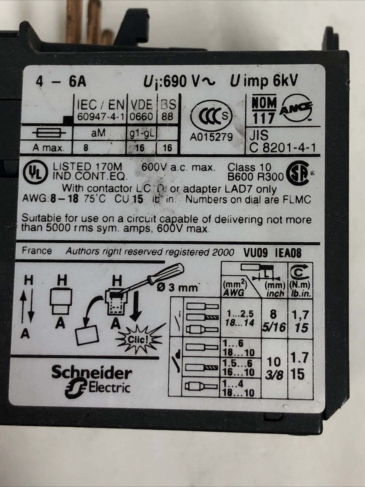 Schneider LRD10 Thermal Overload Relay 4-6A class 10A