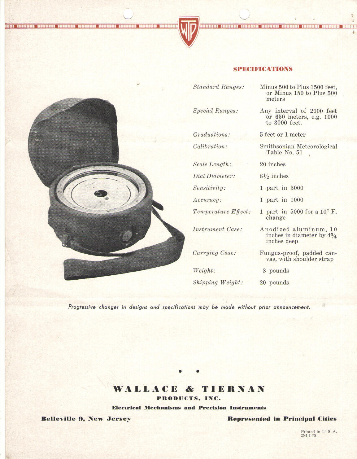 VTG 1953 WALLACE & TIERNAN/TAYLOR ALTIMETER BROCHURES/PRICES! FA-181/185 & MORE!