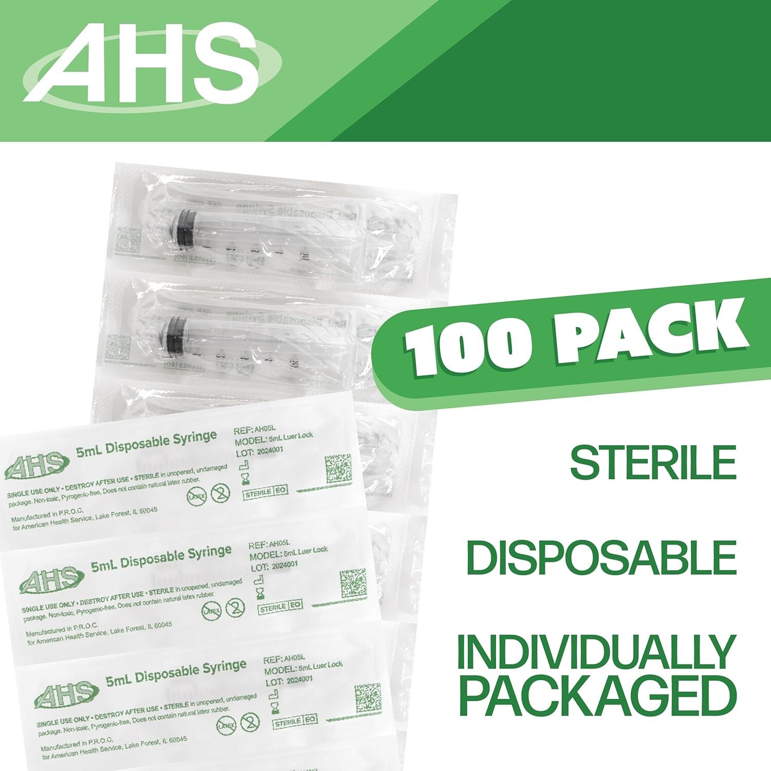 AHS Syringes, 5mL Luer Lock, 100/Box