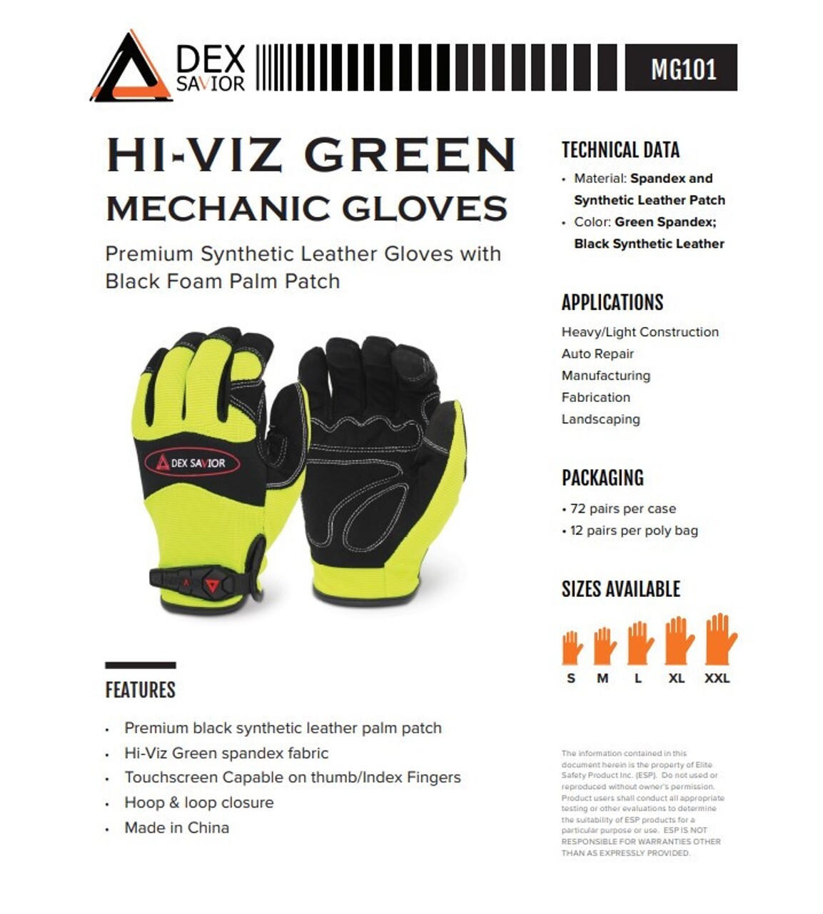 Dex Savior MG101 Mechanic Gloves Premium Synthetic Leather Padded Palm