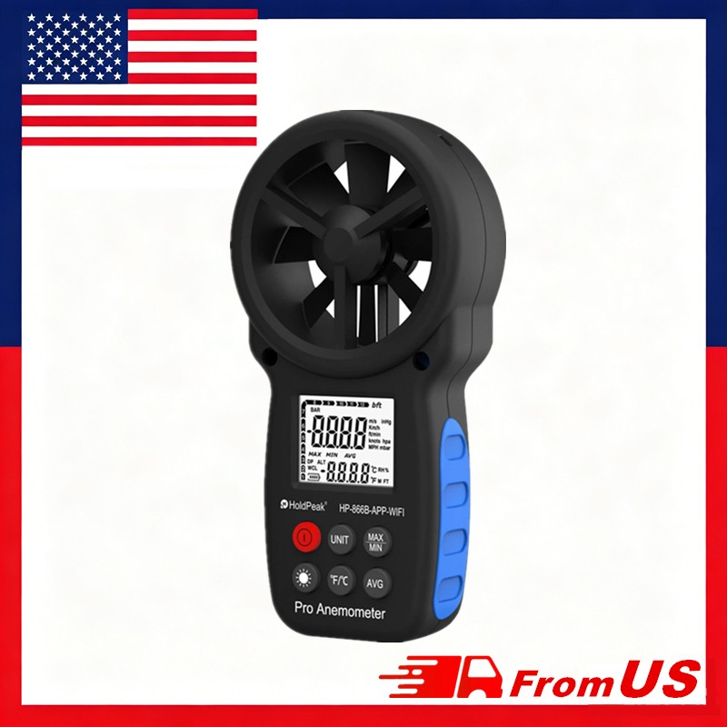 Digital Anemometer 89MPH 113°F 5-Unit Backlit LCD WiFi Bluetooth APP Max/Min/Avg