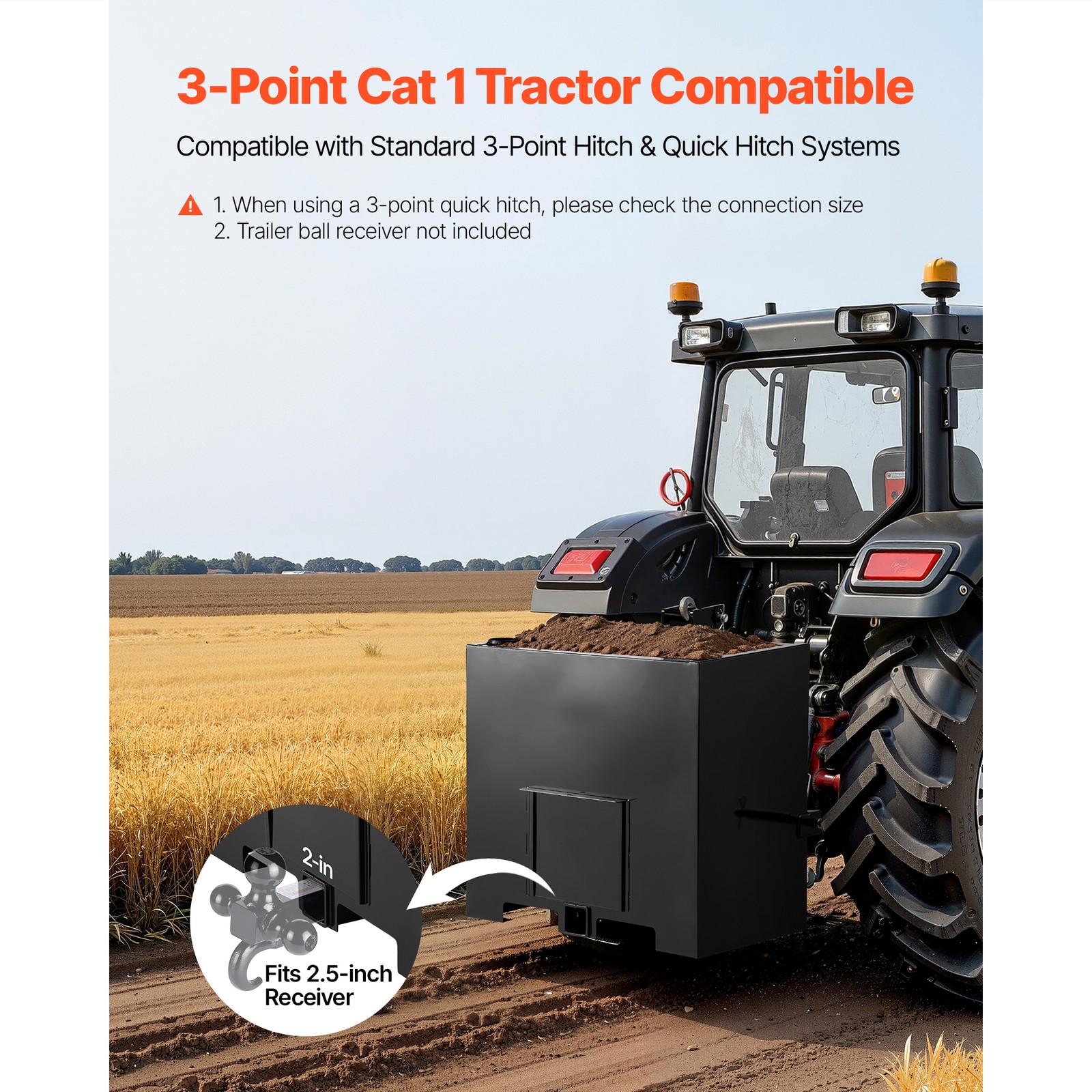 Ballast Box 3 Point Category 1 Tractor 5ft³ Capacity 800lb Black Quick Hitch