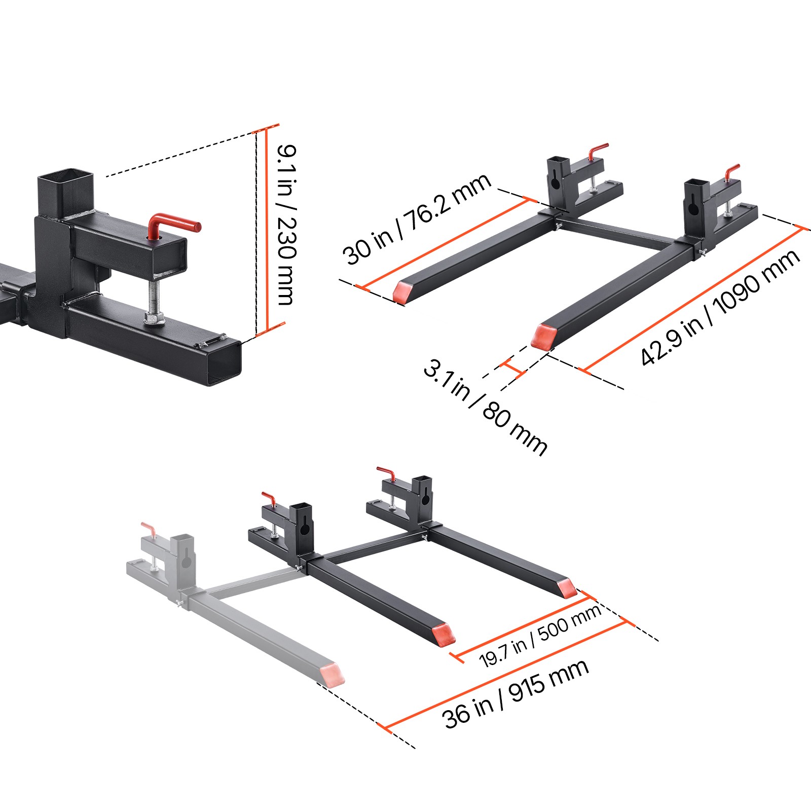 Uimoso 43 Inch 2000 lbs Clamp On Tractor Forks w/Adjustable Stabilizer Bar