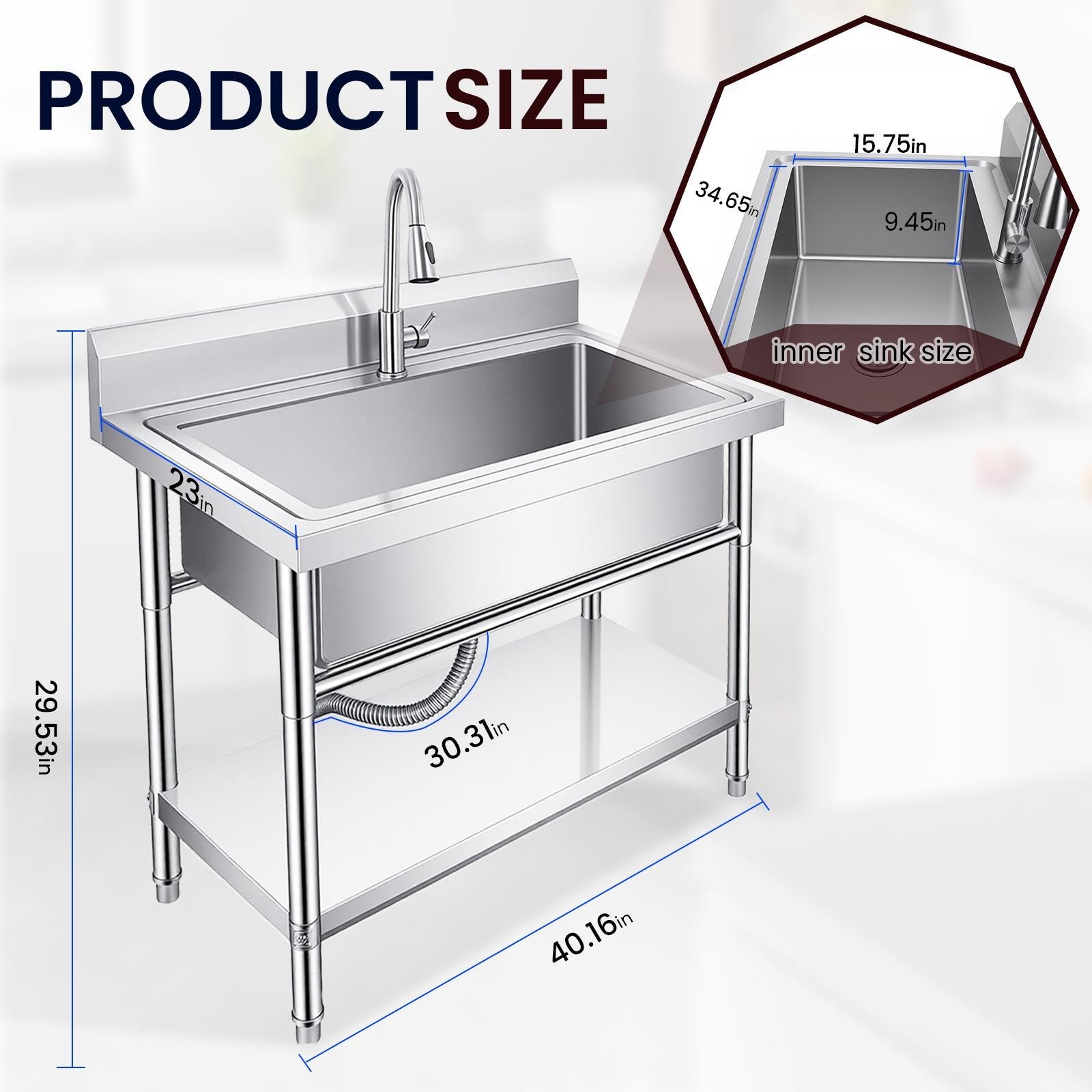 Stainless Steel Commercial Restaurant Sink 40inch Utility Sink w/Pull-out Faucet