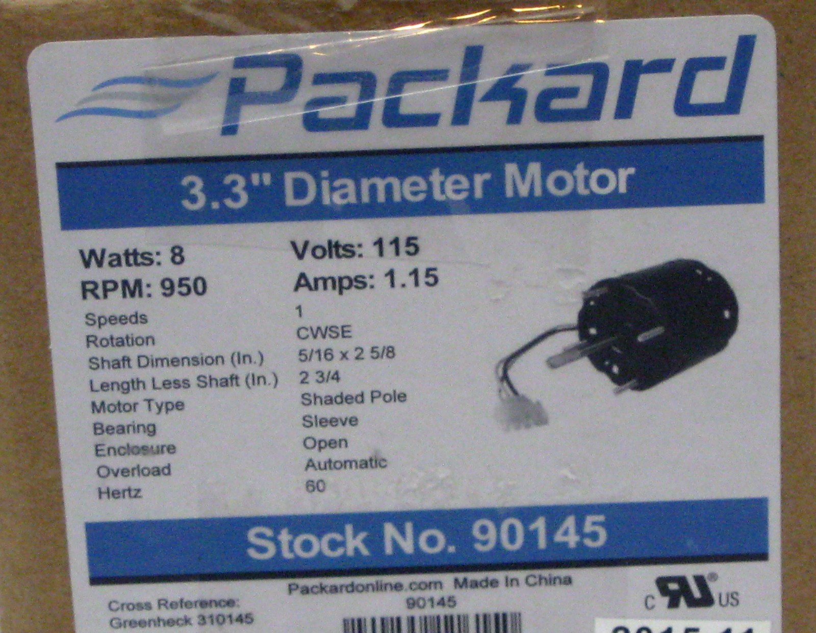 Packard 90145 Motor for Greenheck 310145, 8 Watt, 115/60 Volts, 950 RPM, CWSE
