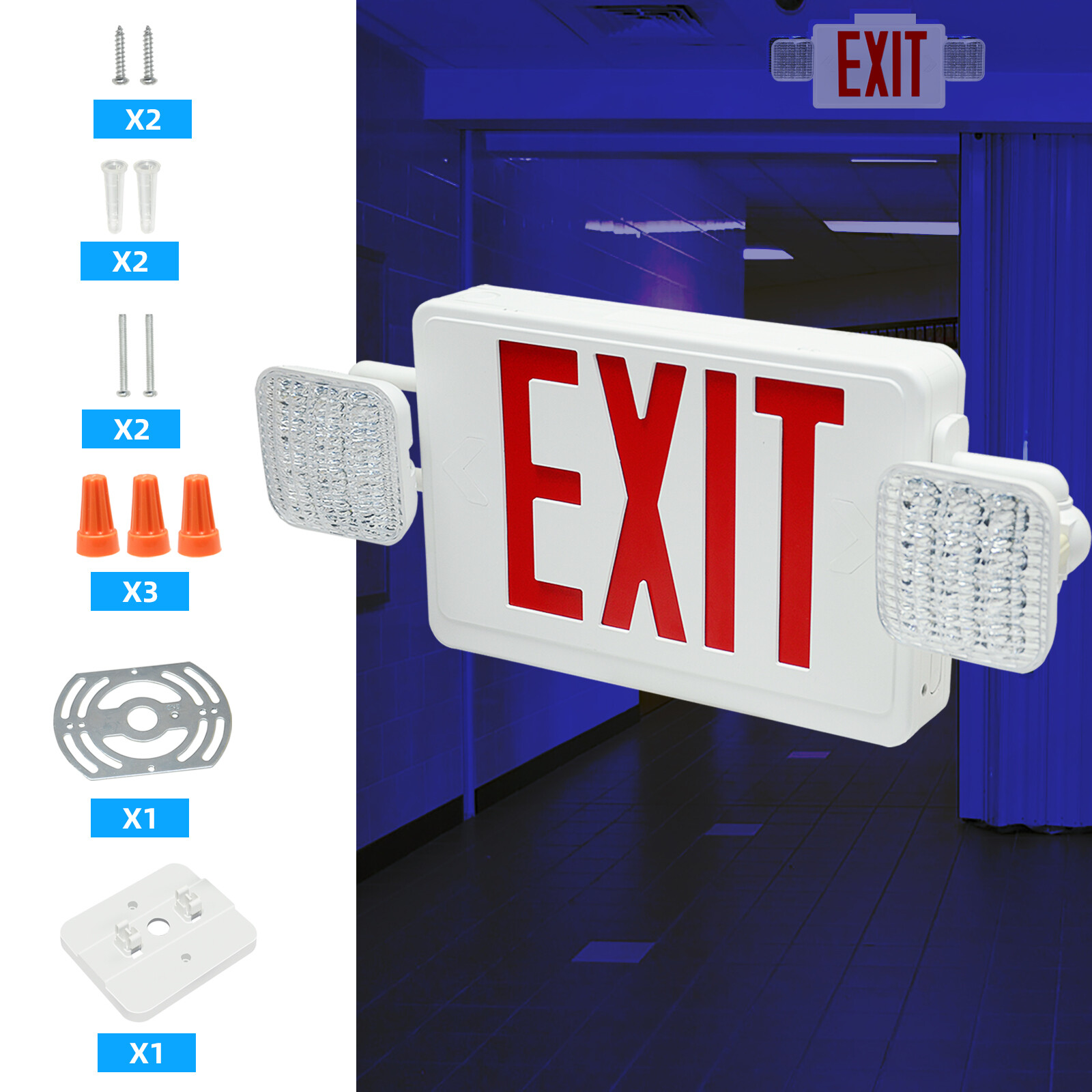 Exit Sign with Emergency Lights, Two LED Adjustable Head Emergency Exit Lights