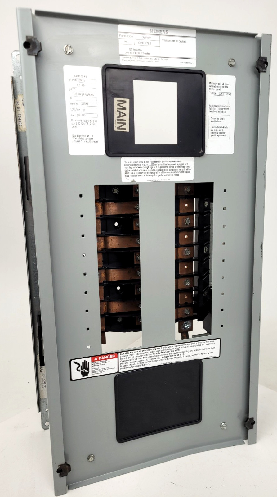 P1 Siemens 18 Circuit 125 Amp 120/240V 1 Phase Main Breaker Panel Interior