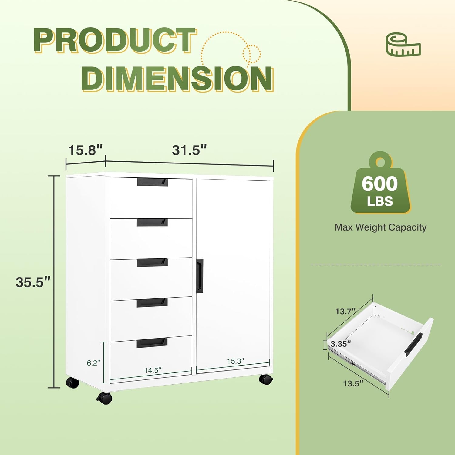 Office Storage Cabinet 5 Drawer Metal with Wheels Printer Stand White