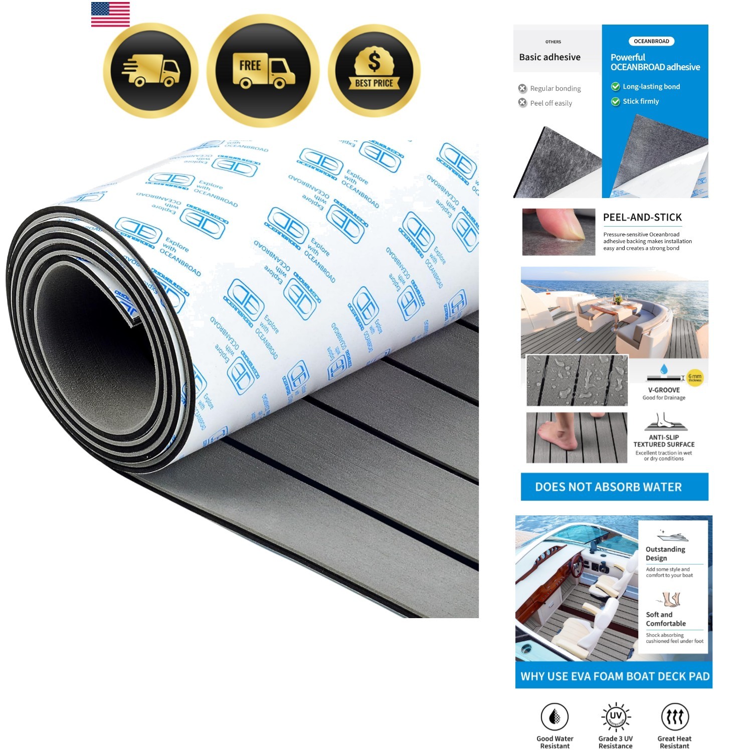 Boat Flooring EVA Foam Self-Adhesive 96»x45.6»/36»/28.8»/16.8» Faux Teak…
