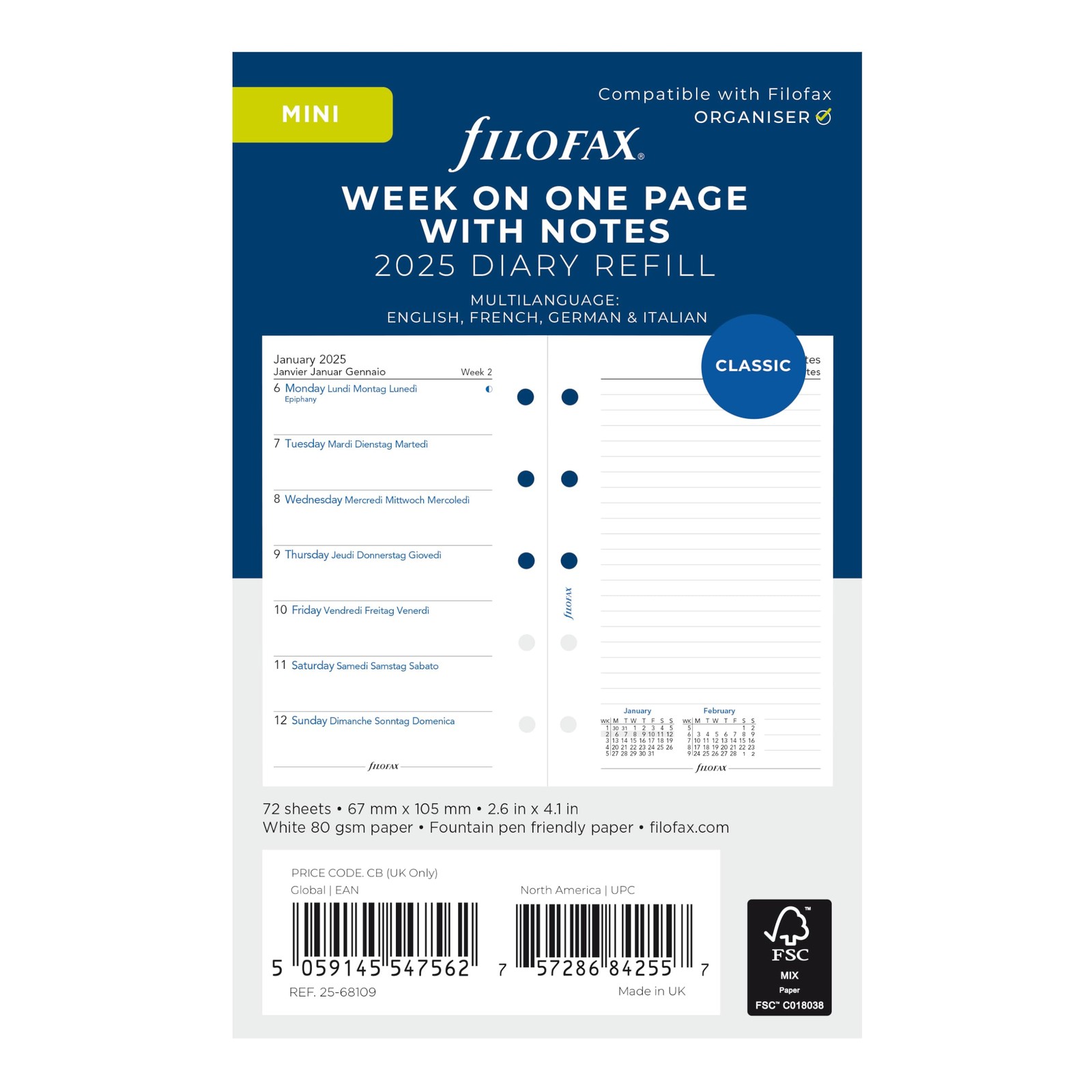 Calendar Diary Refill, Mini Size, Week on One Page with Notes, White Paper, U…