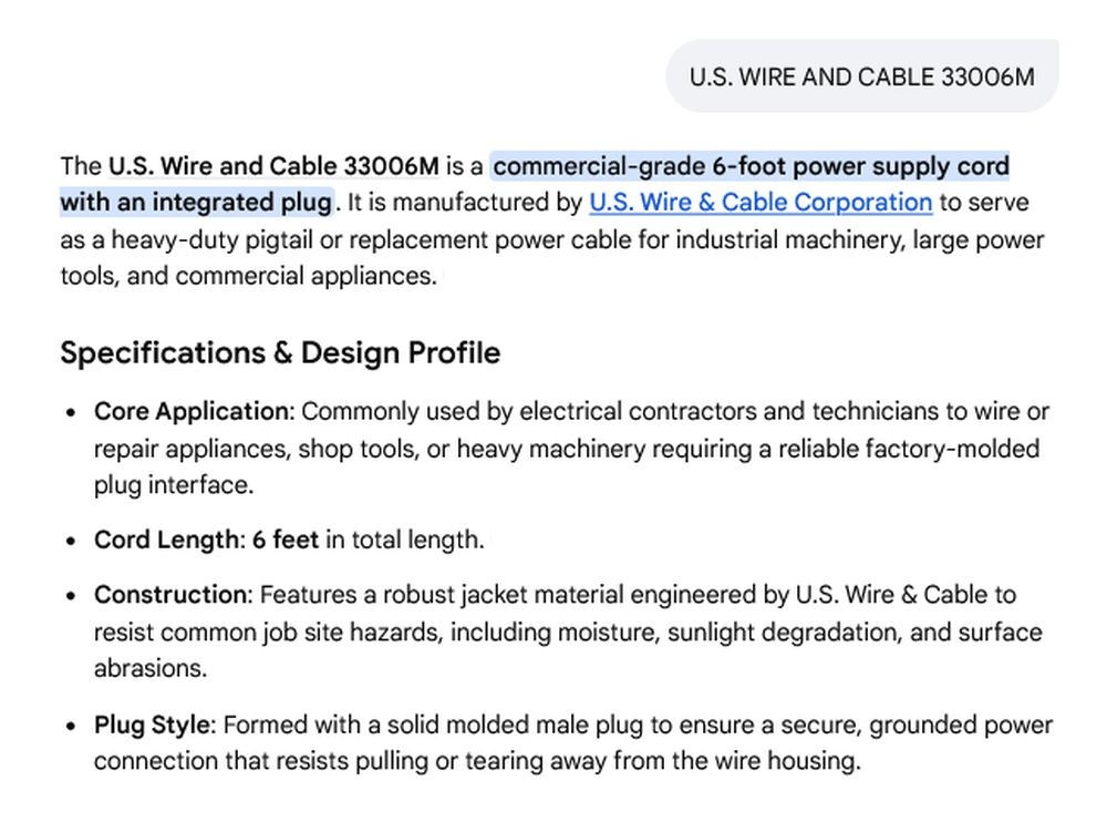 1 NEW U.S. WIRE AND CABLE 33006M 6′ CORD WITH PLUG NNB ***MAKE OFFER***