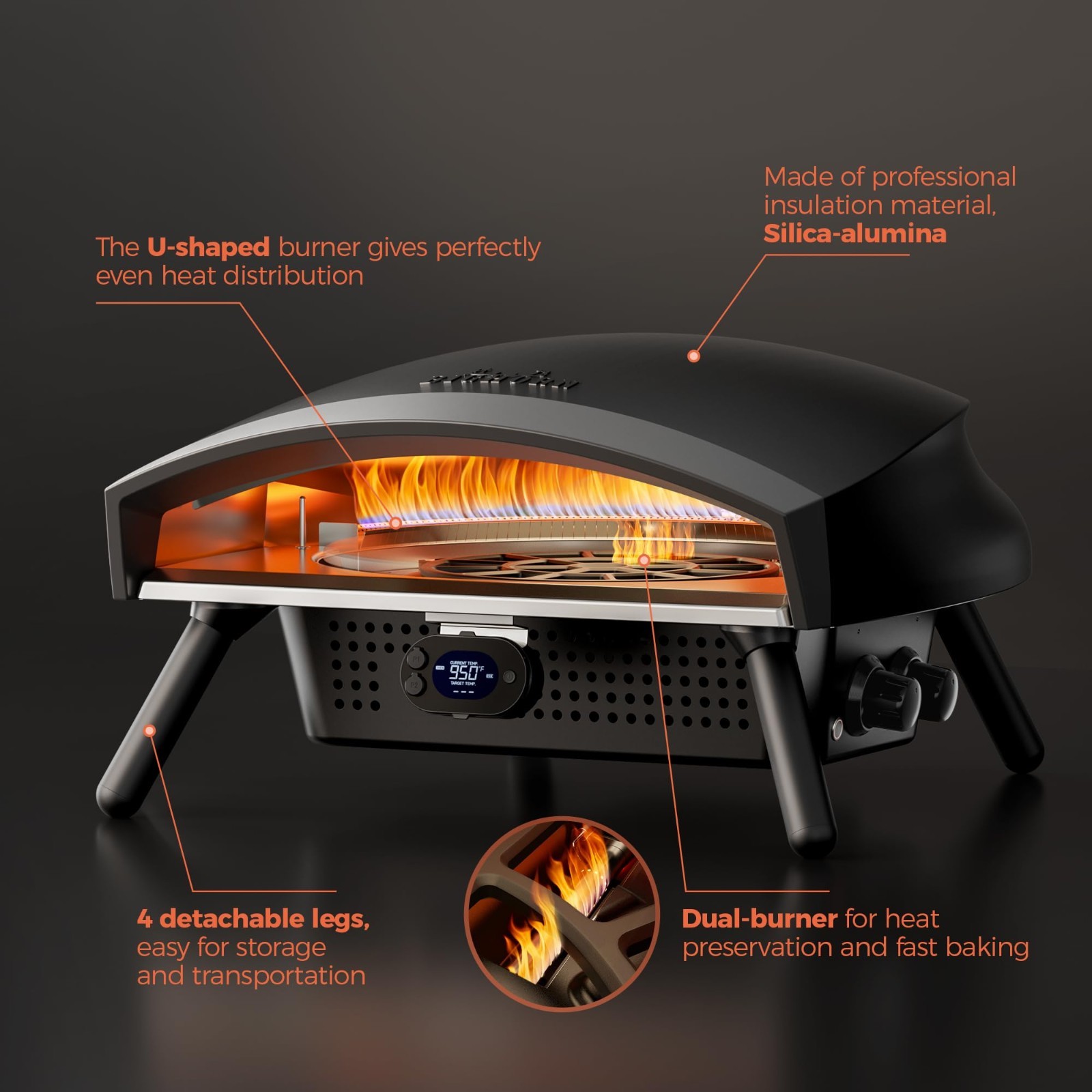 BIG HORN 16″ Propane Pizza Oven with Rotating Stone, Thermometer & Peel