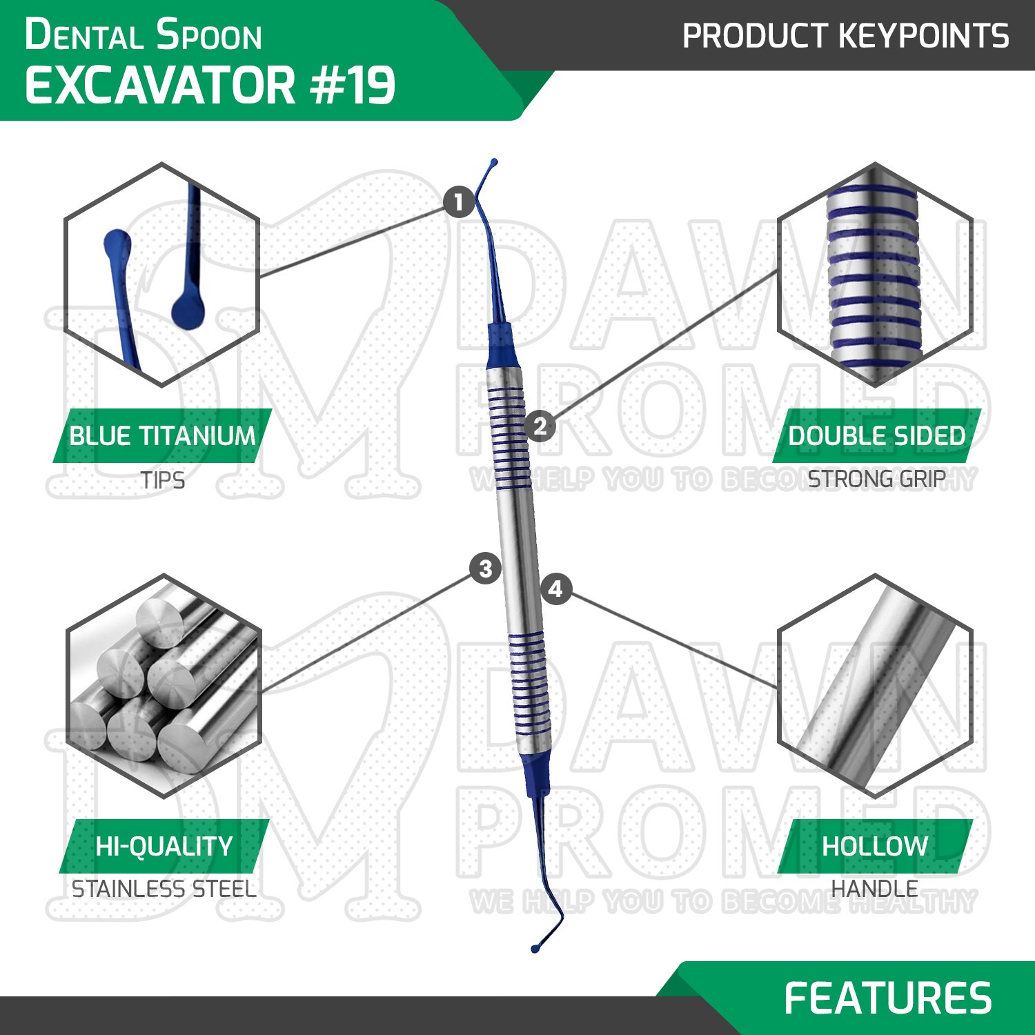 6 Pcs Spoon Excavator #19 Double Ended Blue Titanium Coated Dental Instruments