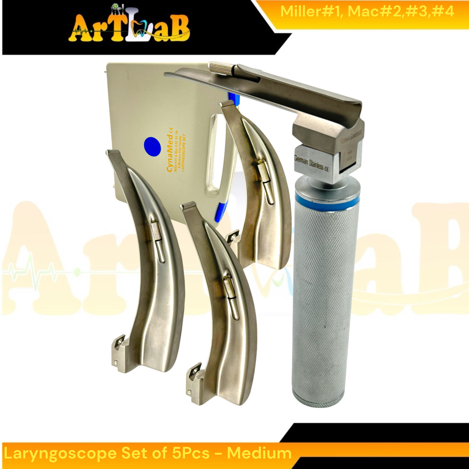 EMT Laryngoscope Kit with Mac Blades #2, #3, #4 + Miller Blade #1, Med Handle