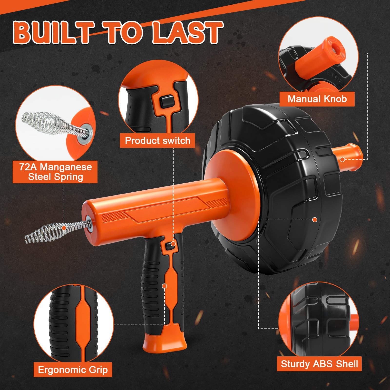 45 FT Drain Snake Tools, Manual Or Powered Double Mode Auto Retract Drain Dra…