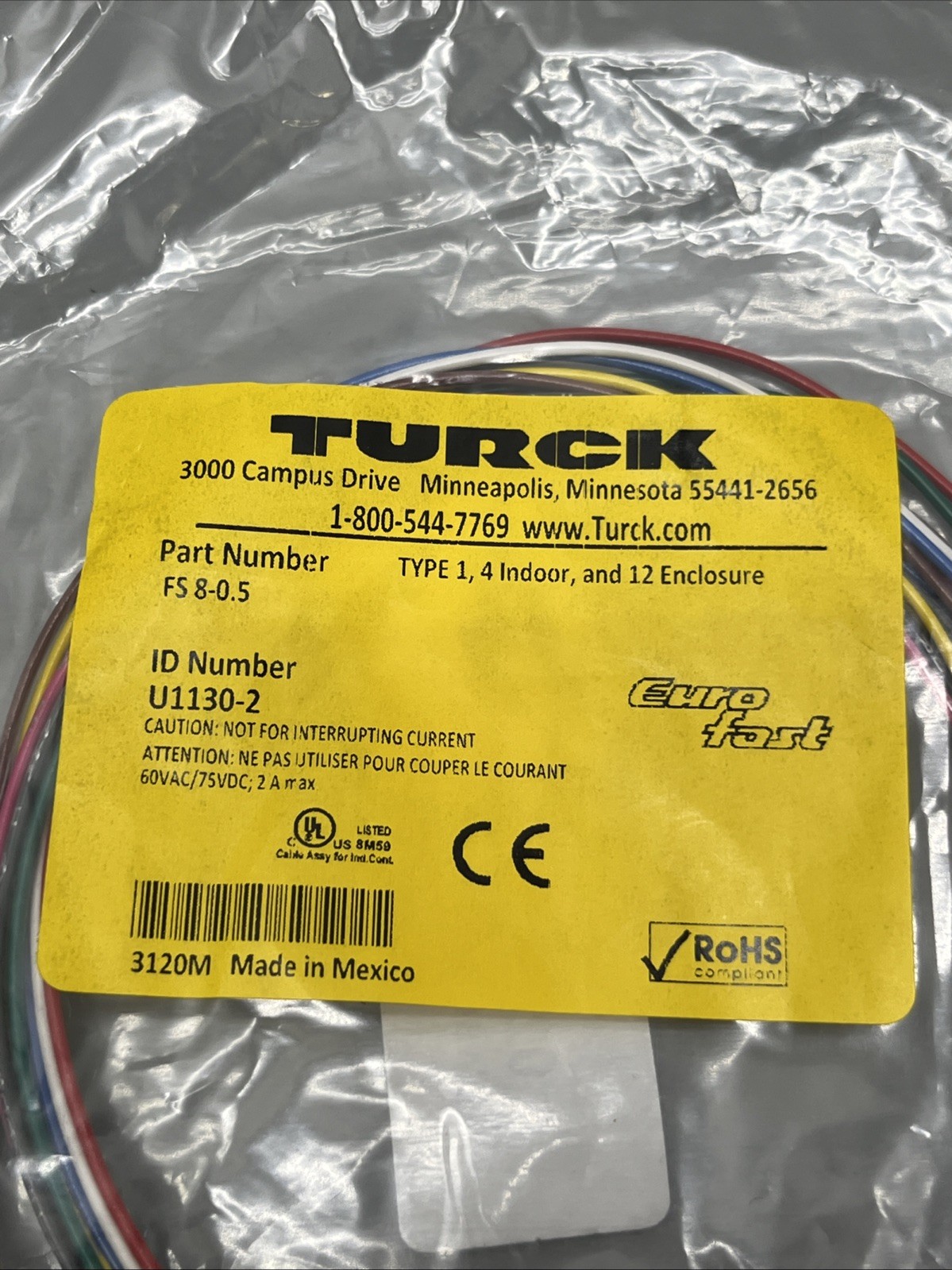 Turck Cable FS 8-0.5 U1130-2 60VAC/75VDC Euro Fast RoHS Compliant
