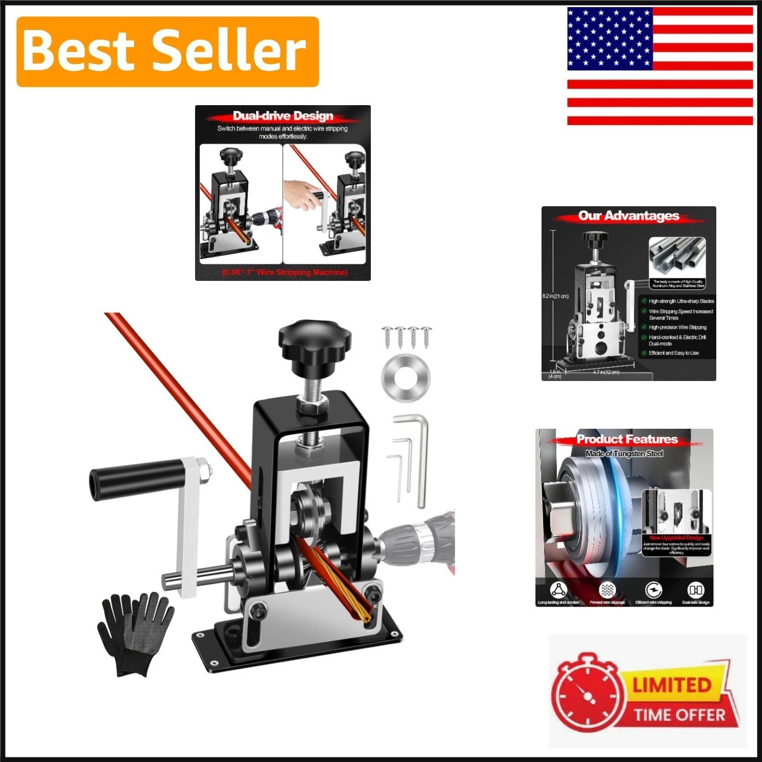 Dual-Drive Copper Wire Stripper: Drill Powered and Hand Crank Tool, 0.06″ to 1″