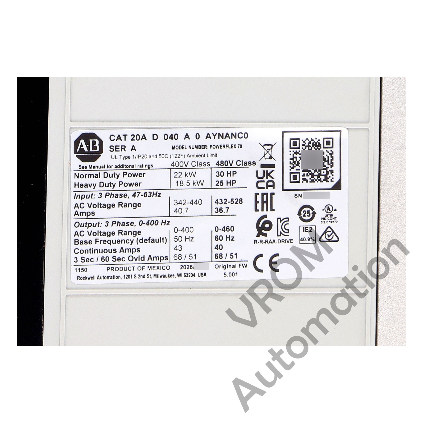 Surplus 2026 Allen Bradley 20AD040A0AYNANC0 /A PowerFlex 70 480V 40A 30HP Normal