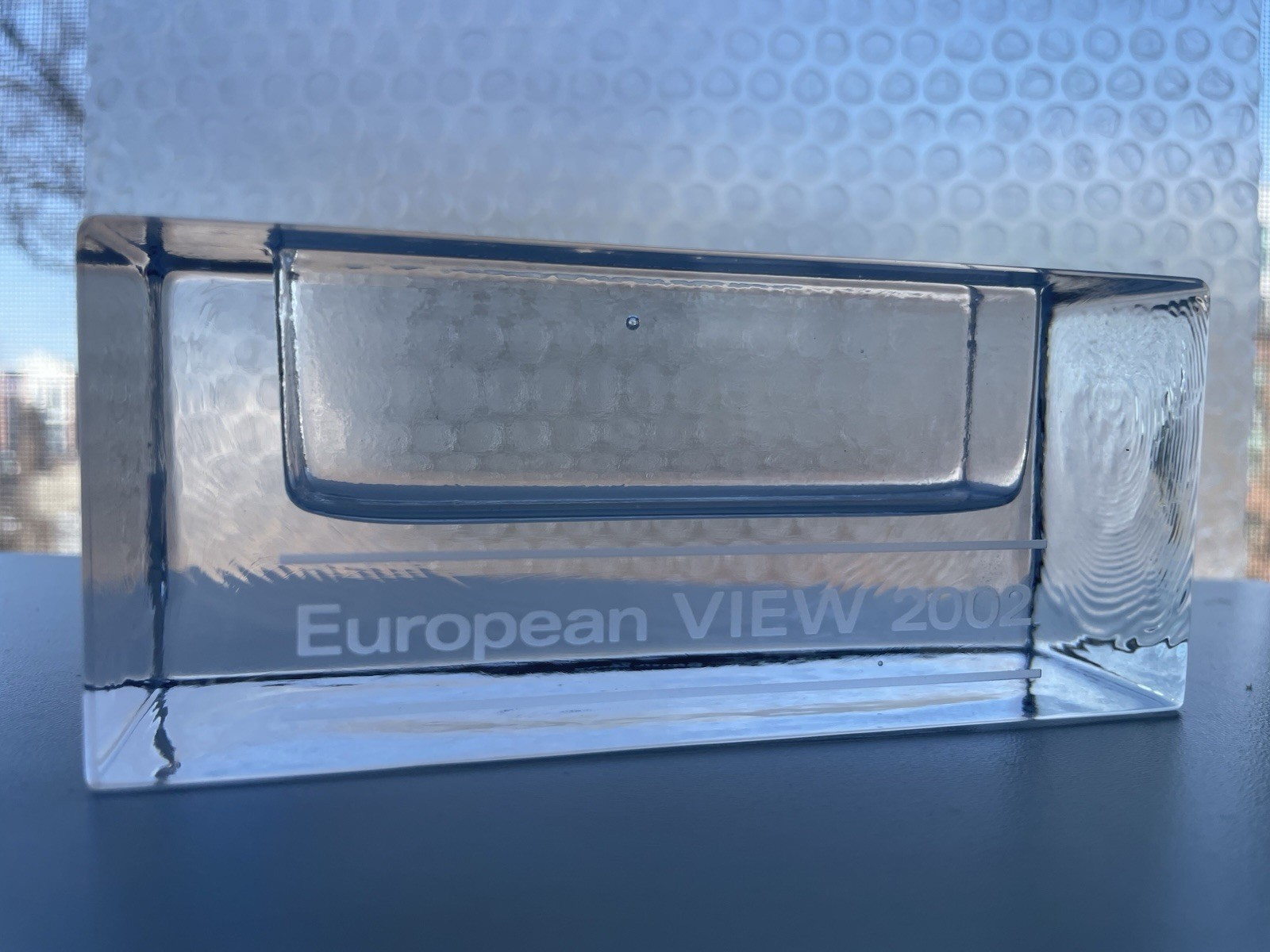 VTG Simon Pearce European View 2002 Etched Glass Business Card Holder Conference