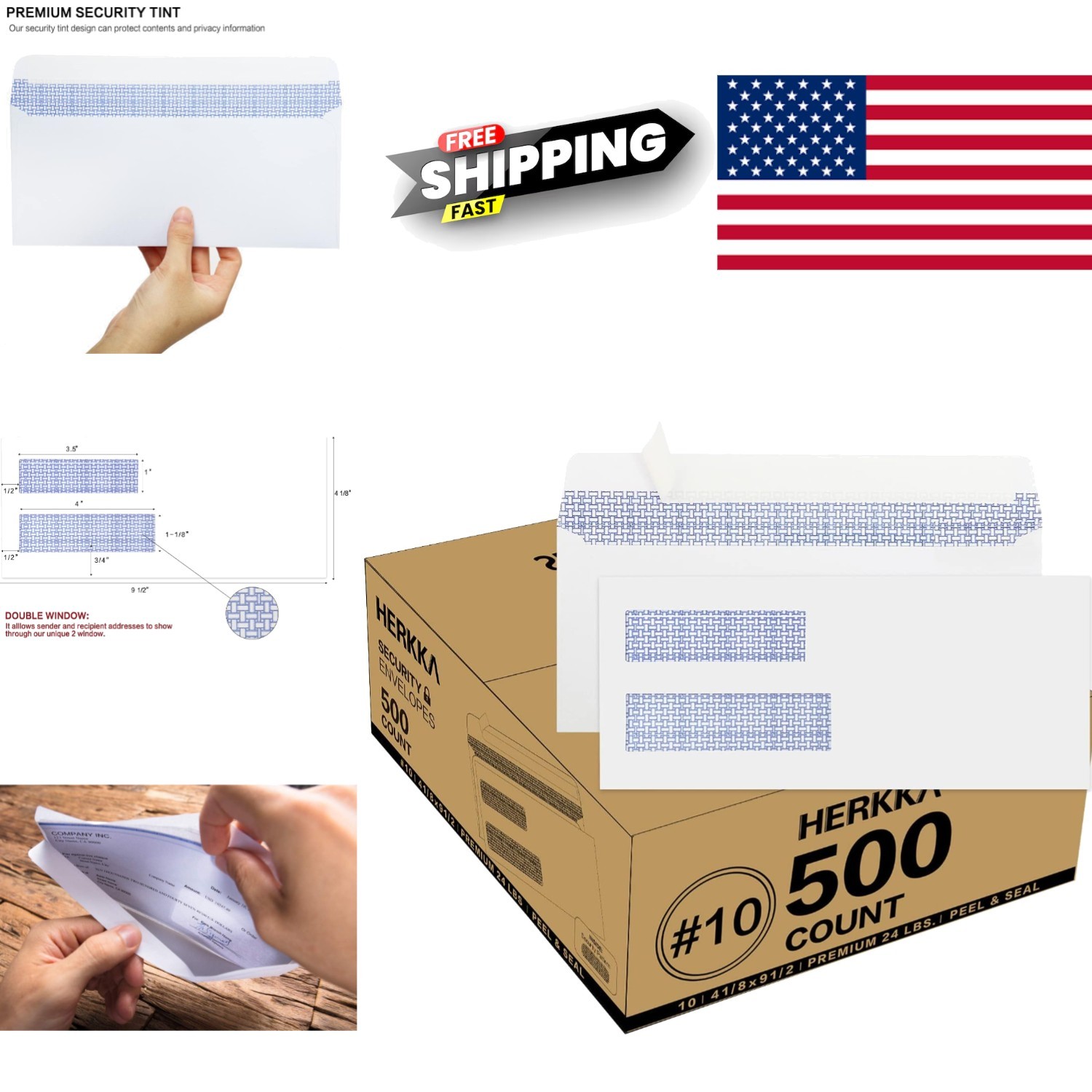 Self Seal Double Window Envelopes 4.125 x 9.5 Inches Ideal for Billing 500 Count