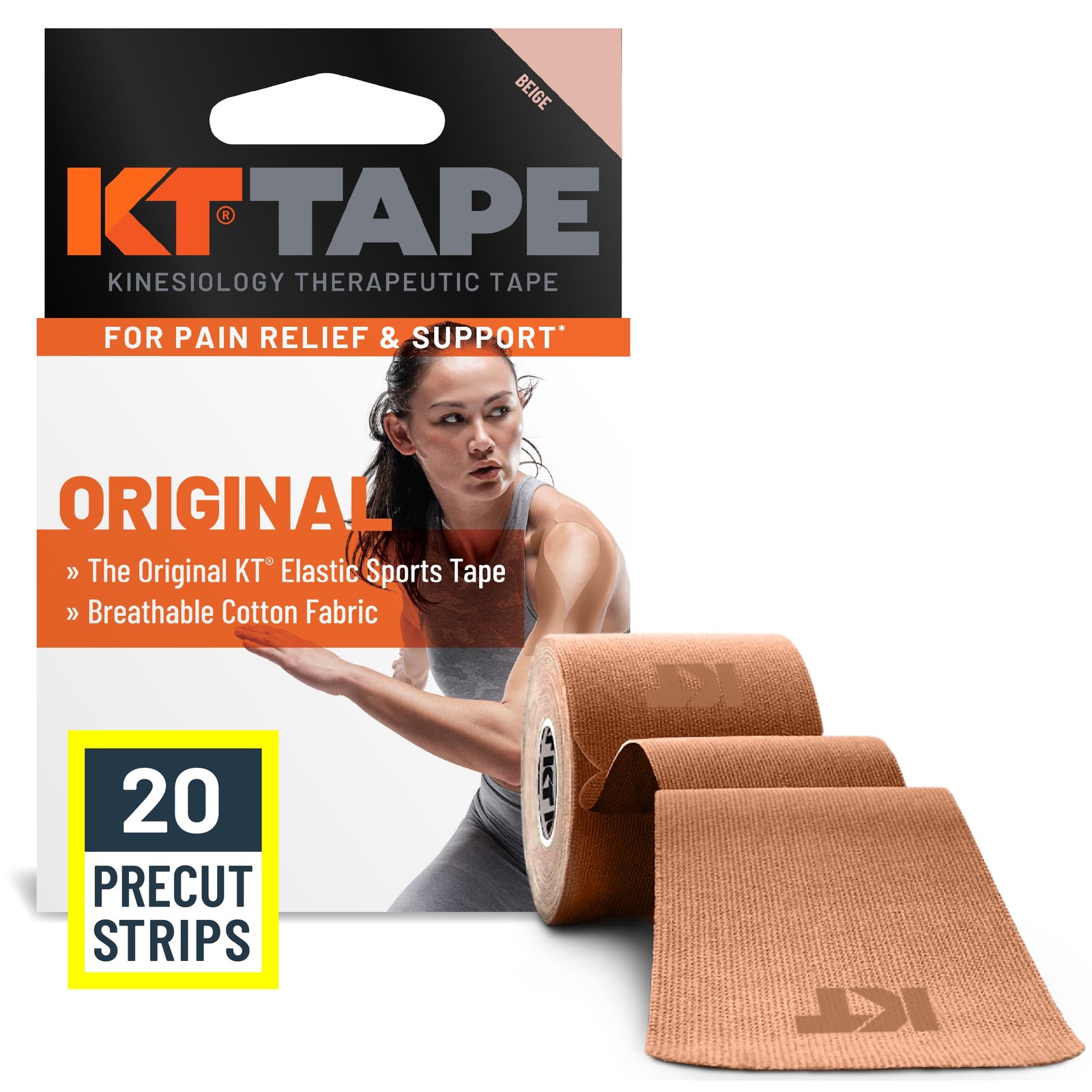 KT Tape, Original Cotton, Elastic Kinesiology 20 Precut Strips, Beige