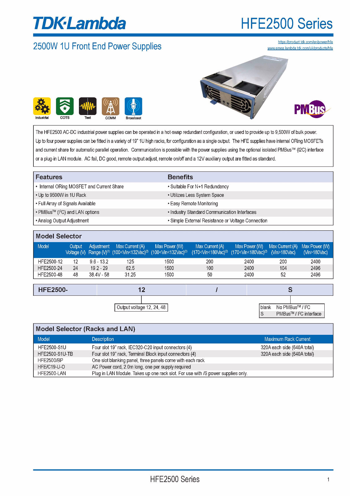 Power Supply, 120-240VAC to 48VDC or 12VDC OUT, TDK-Lambda HFE2500-48/S