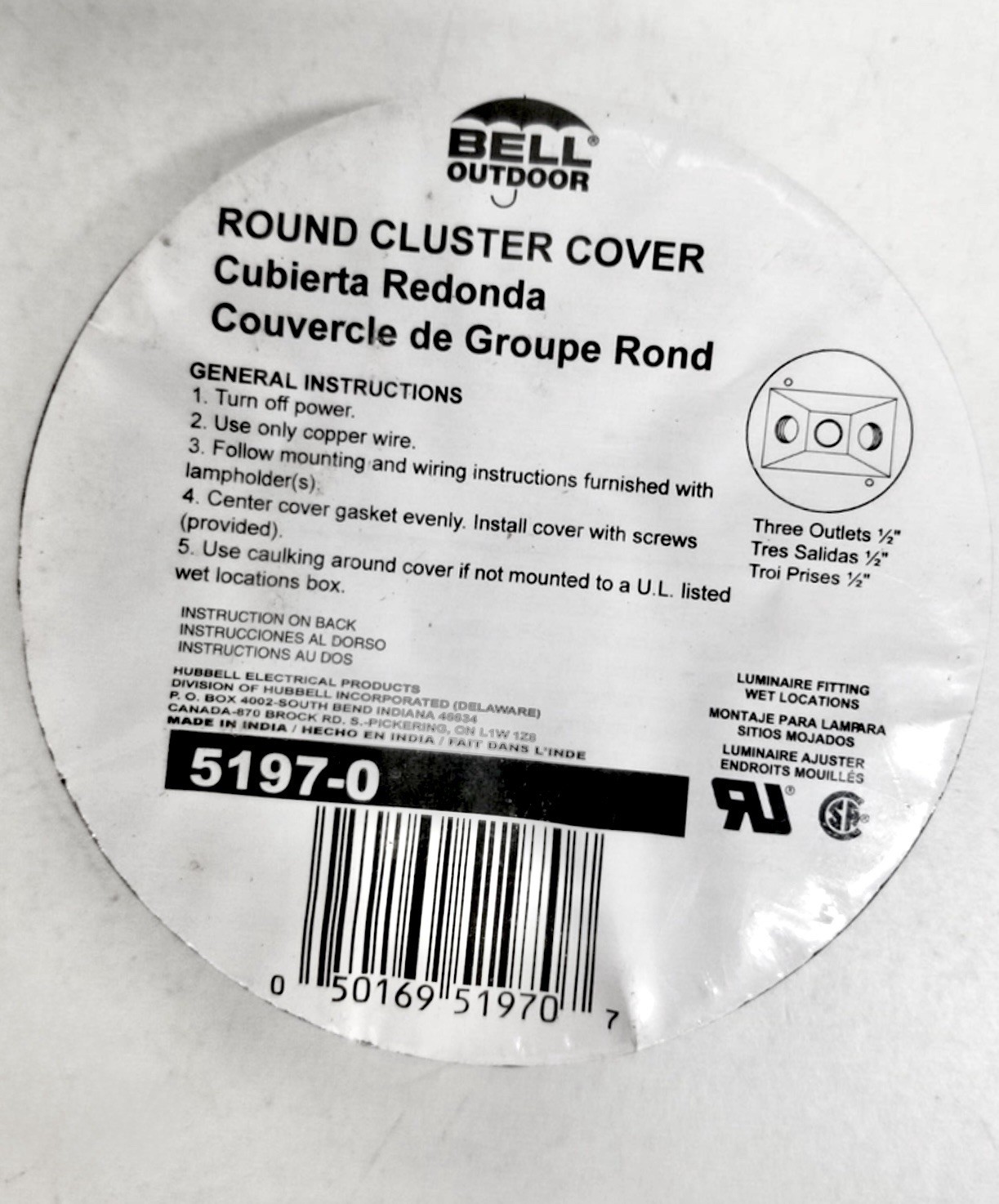 5197-0 Bell Outdoor Round Cluster Cover with Three 1/2″ Outlets **SHIPS FREE**