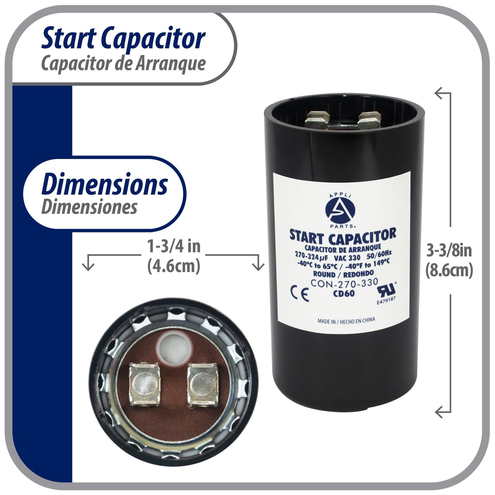 Appli Parts motor start capacitor 270-324 Mfd (microfarads) uF 330 VAC universal