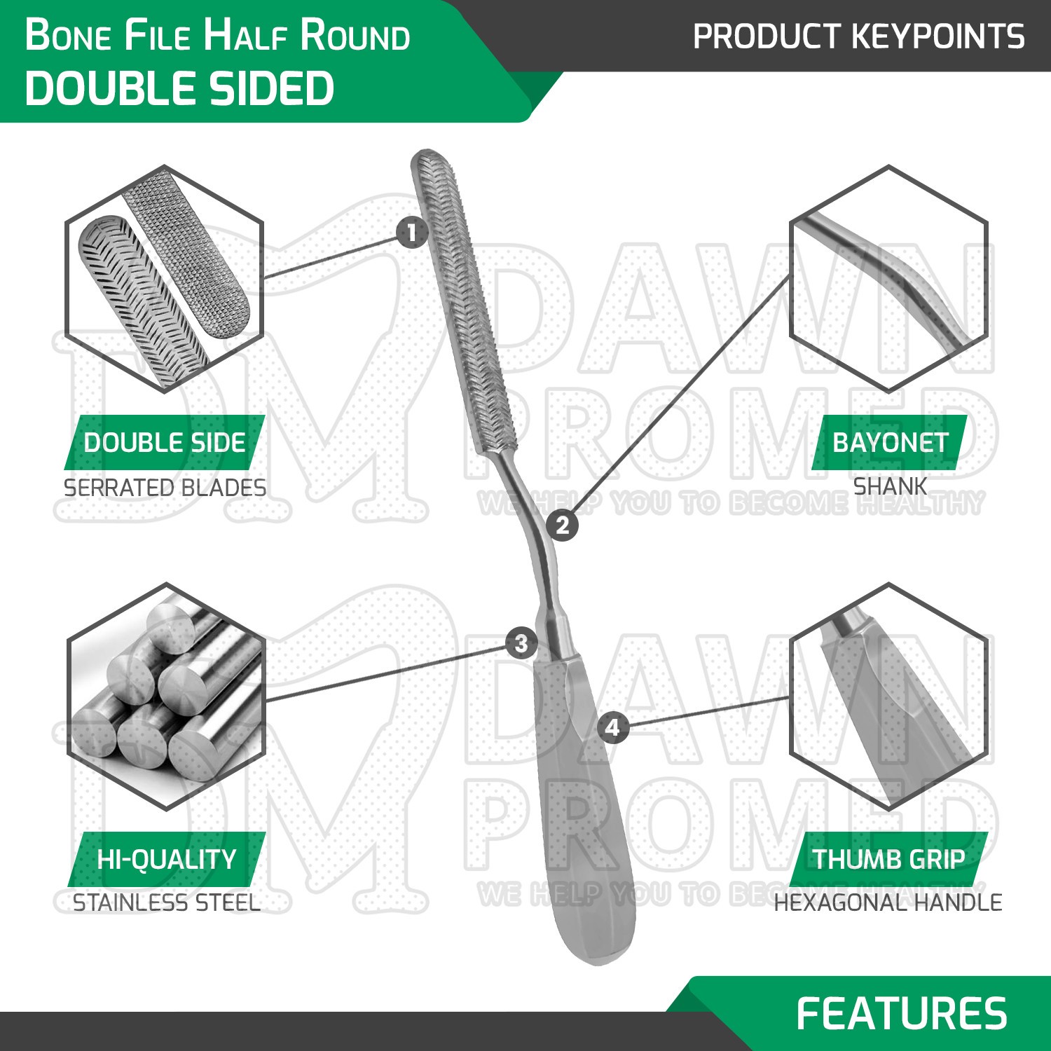 Bone File 10″ Half Round Double Sided Bayonet Shank Orthopedic Instruments