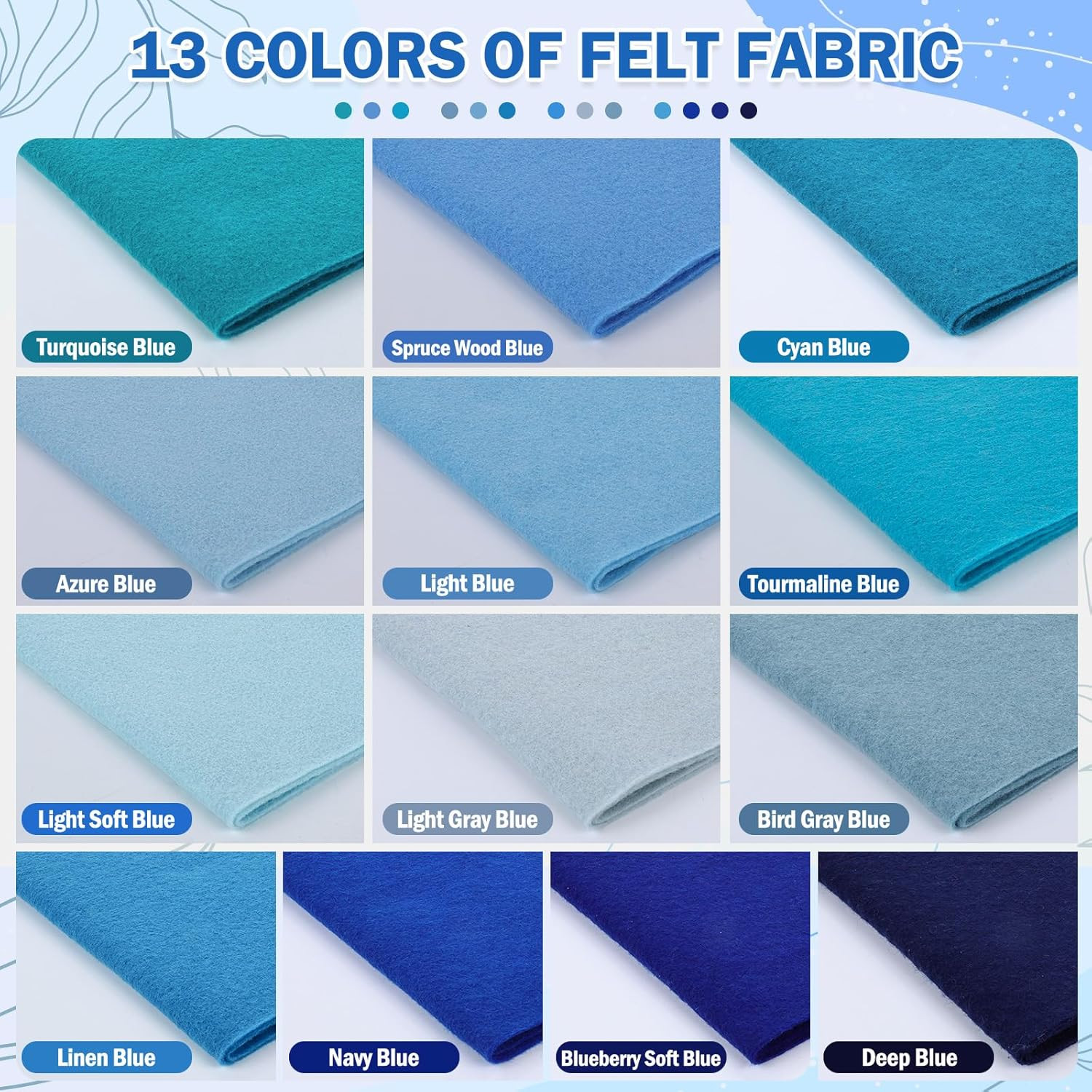 13 Rolls 8″X35″ 1.4Mm Thick Soft Felt Fabric Sheet 13 Assorted Blue Series Color
