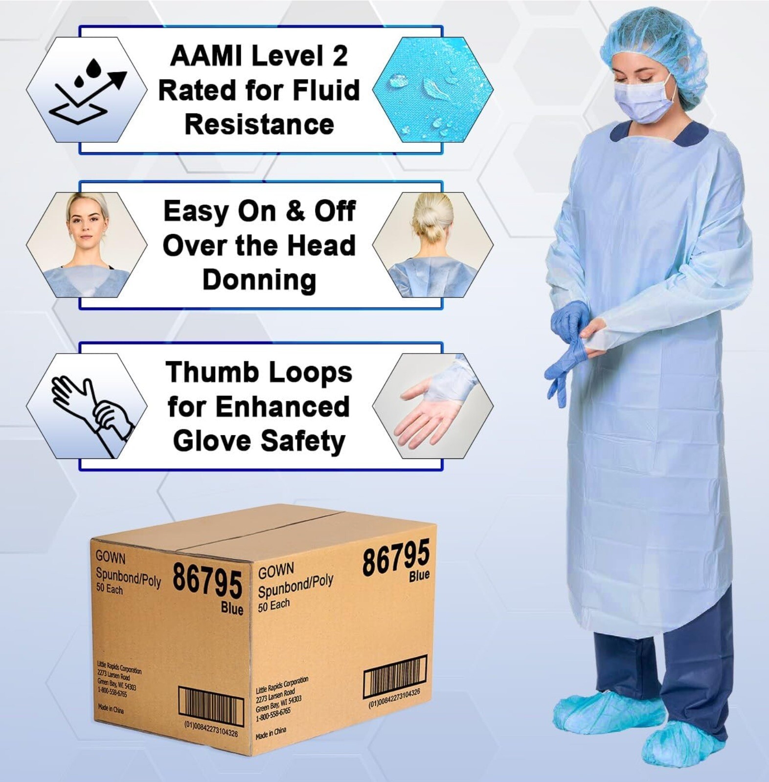 Spunbond/Poly Blue Disposable Gowns 50 pack 86795 AAMI 2 – Little Rapids Corp