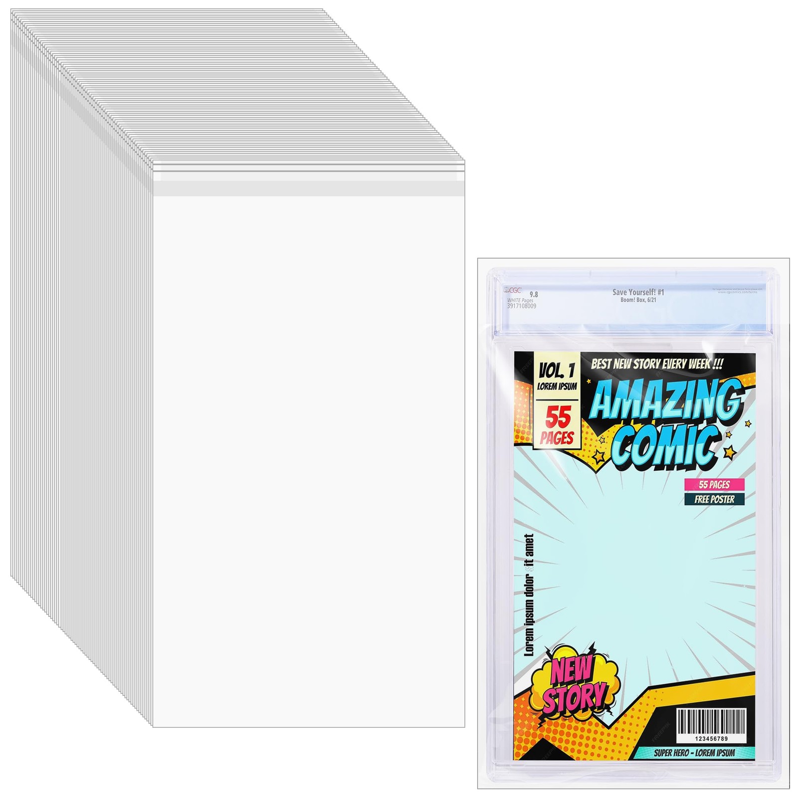 50 Pcs Resealable Graded Comic Book Bags,Clear Plastic Comic Sleeves for CGC …